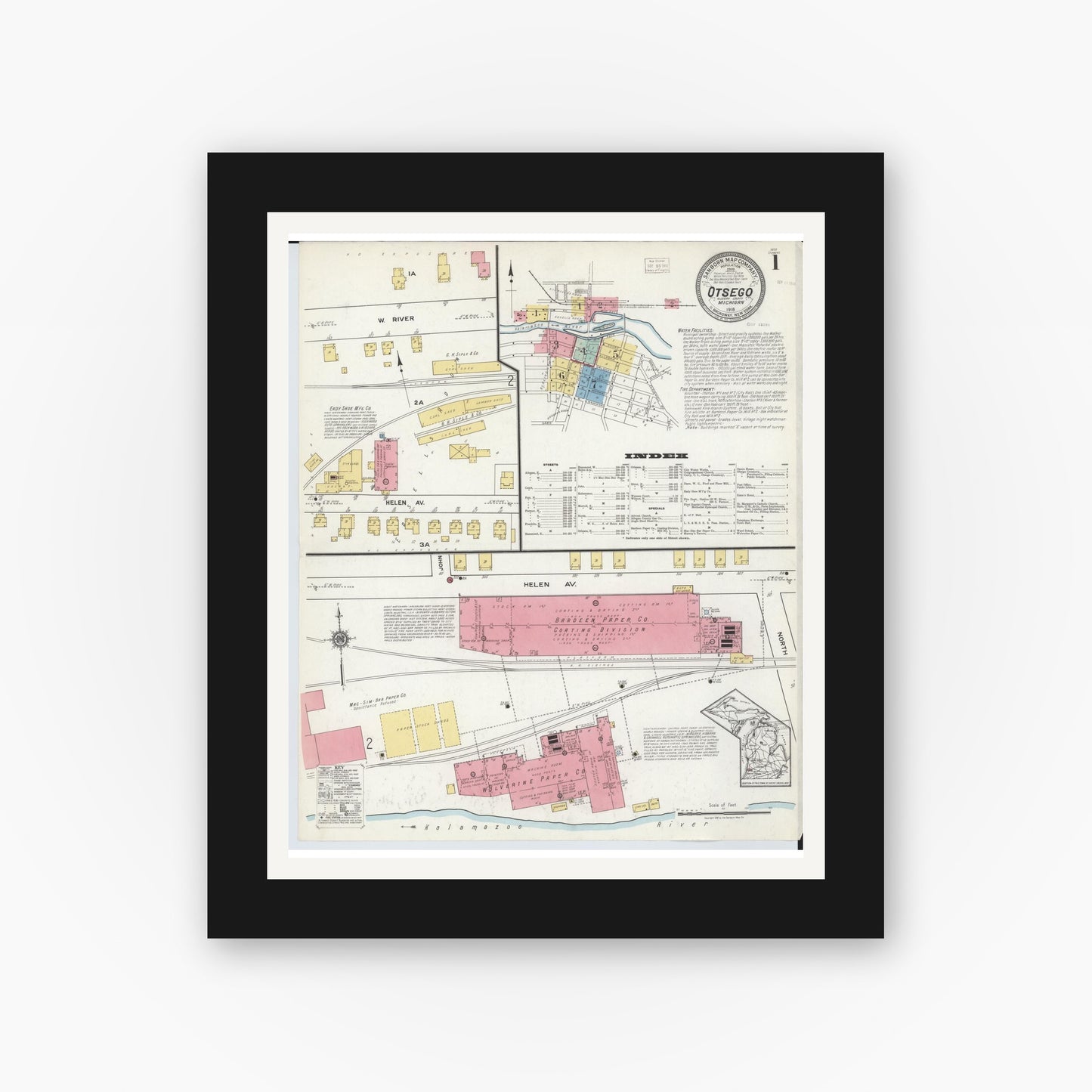 Old map wall art mockup — black gallery frame with white mat — Sanborn Fire Insurance Map from Otsego, Allegan County, Michigan (1918) - Complete Map Set
