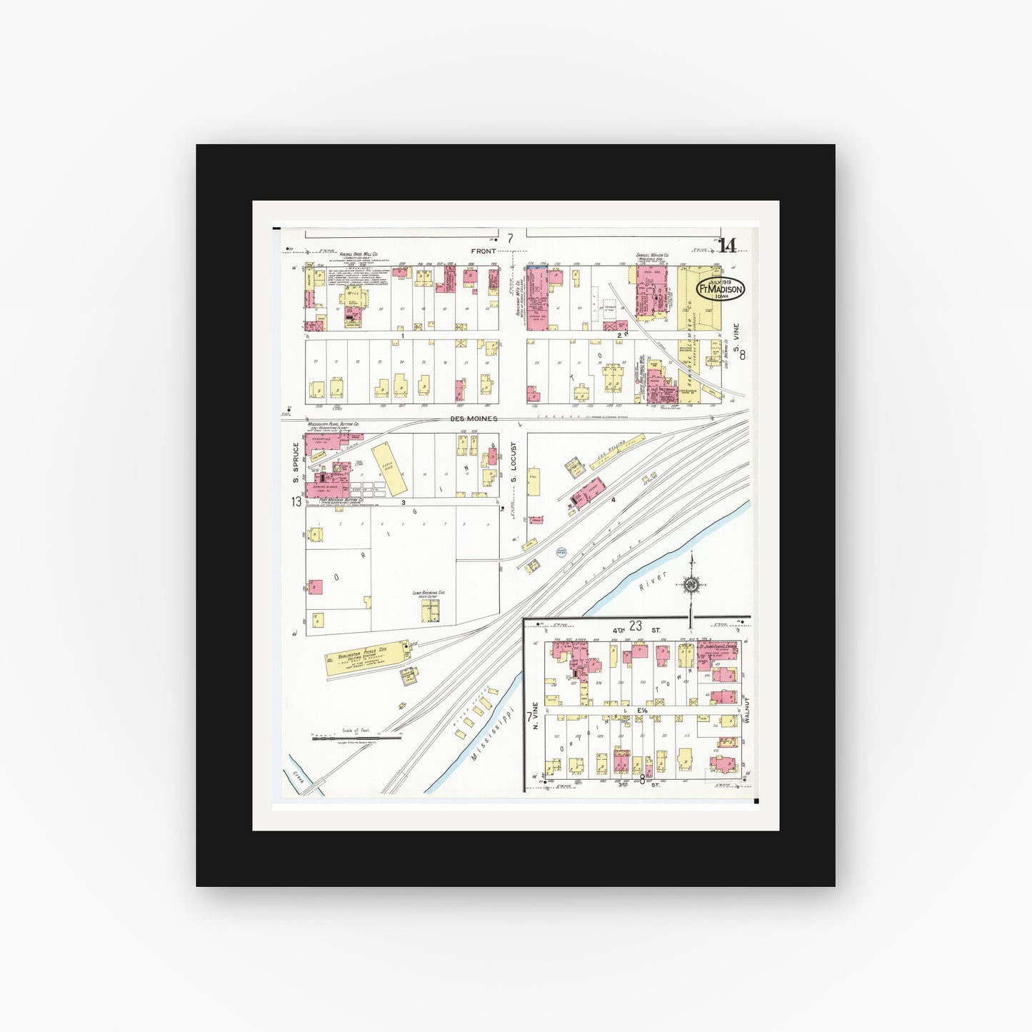 Old map wall art mockup — black gallery frame with white mat — Sanborn Fire Insurance Map from Fort Madison, Lee County, Iowa (1919), Sheet #0014