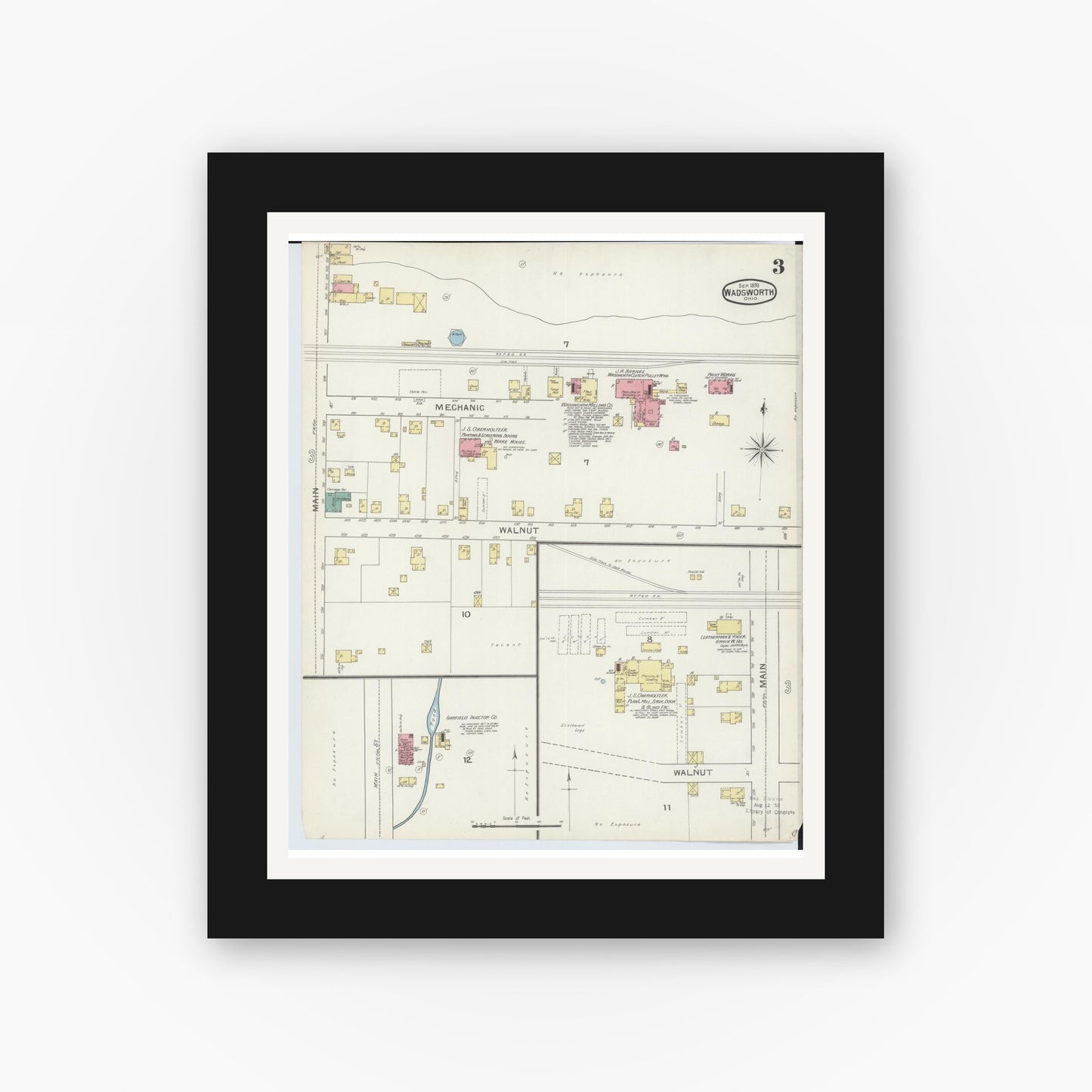 Old map wall art mockup — black gallery frame with white mat — Sanborn Fire Insurance Map from Wadsworth, Medina County, Ohio (1893), Sheet #0003