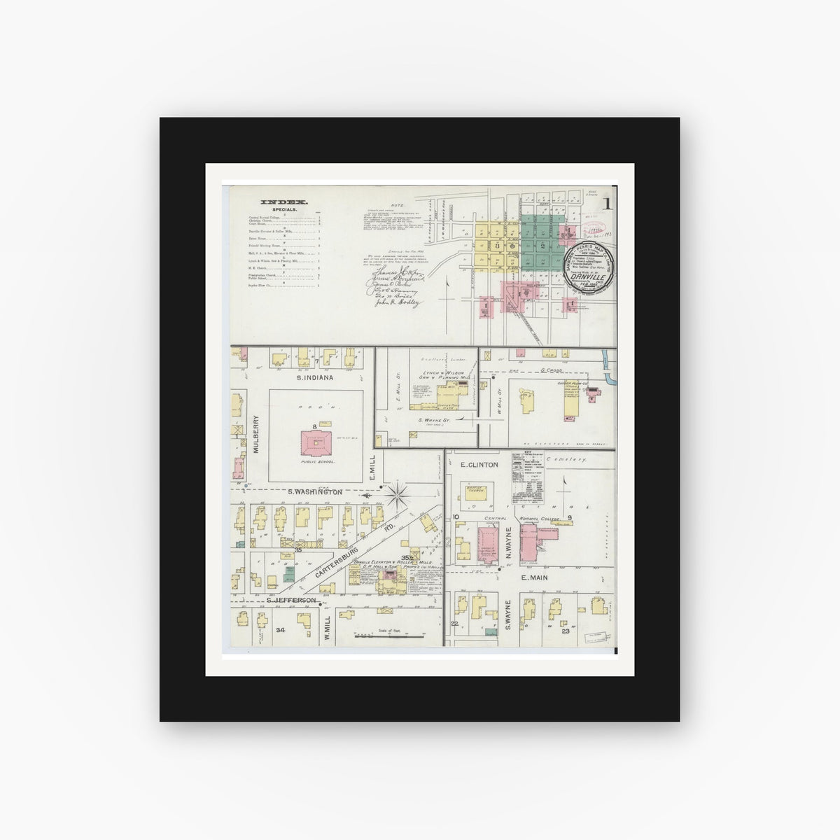 Old map wall art mockup — black gallery frame with white mat — Sanborn Fire Insurance Map from Danville, Hendricks County, Indiana (1893), Sheet #0001