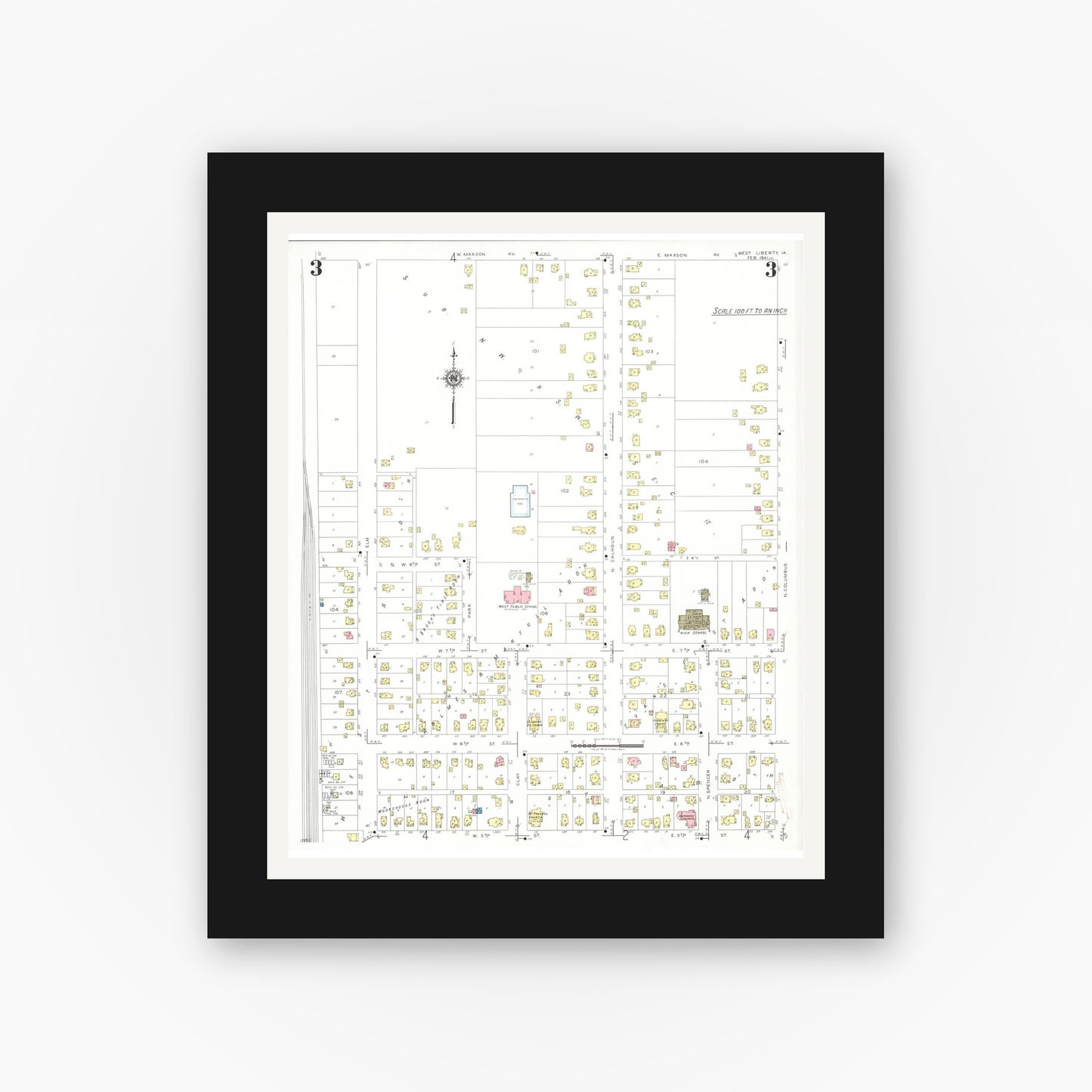 Old map wall art mockup — black gallery frame with white mat — Sanborn Fire Insurance Map from West Liberty, Muscatine County, Iowa (1941), Sheet #0003