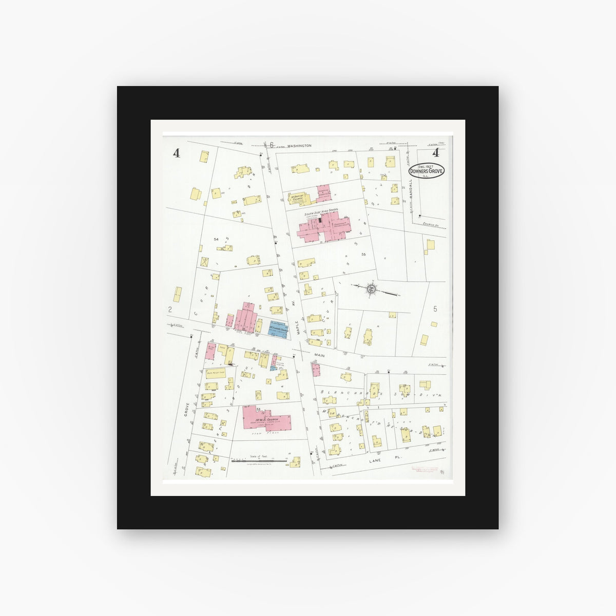 Old map wall art mockup — black gallery frame with white mat — Sanborn Fire Insurance Map from Downers Grove, Dupage County, Illinois (1927), Sheet #0004