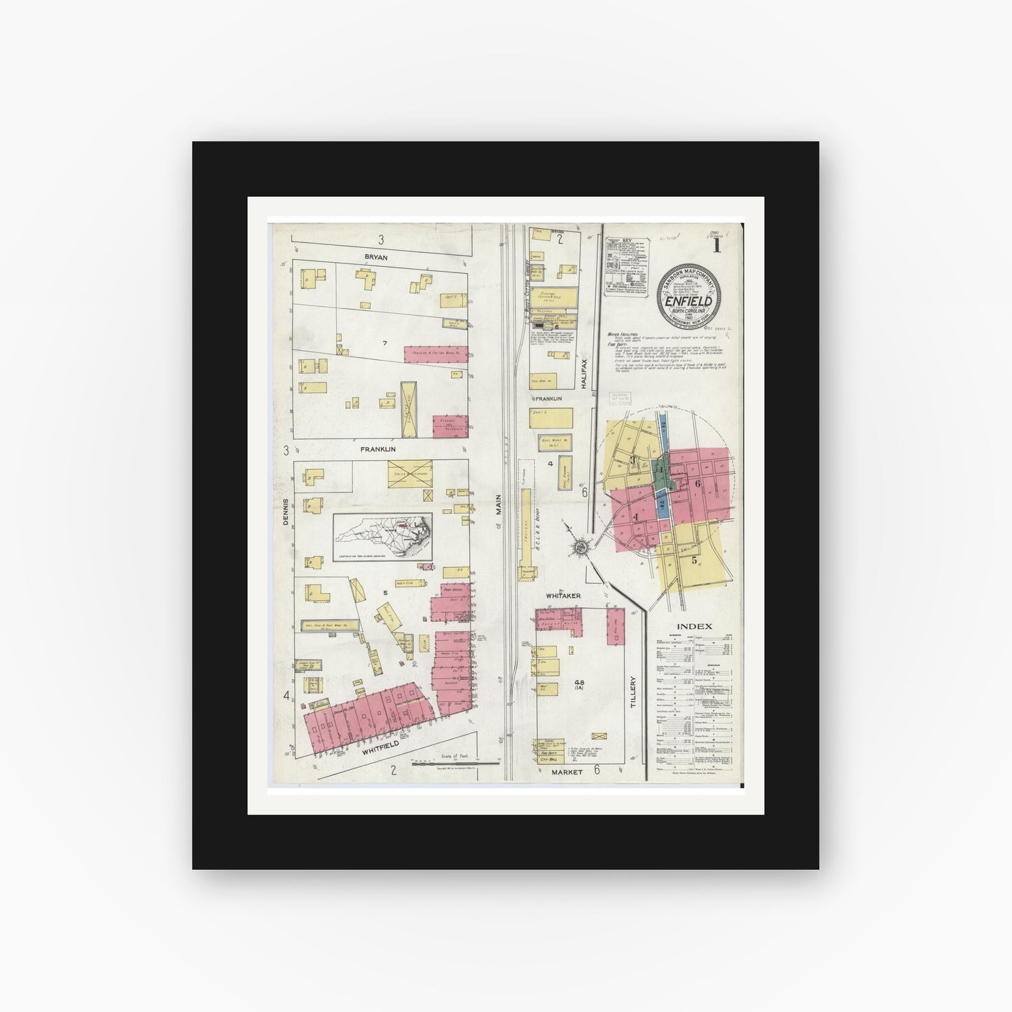 Old map wall art mockup — black gallery frame with white mat — Sanborn Fire Insurance Map from Enfield, Halifax County, North Carolina (1921) - Complete Map Set
