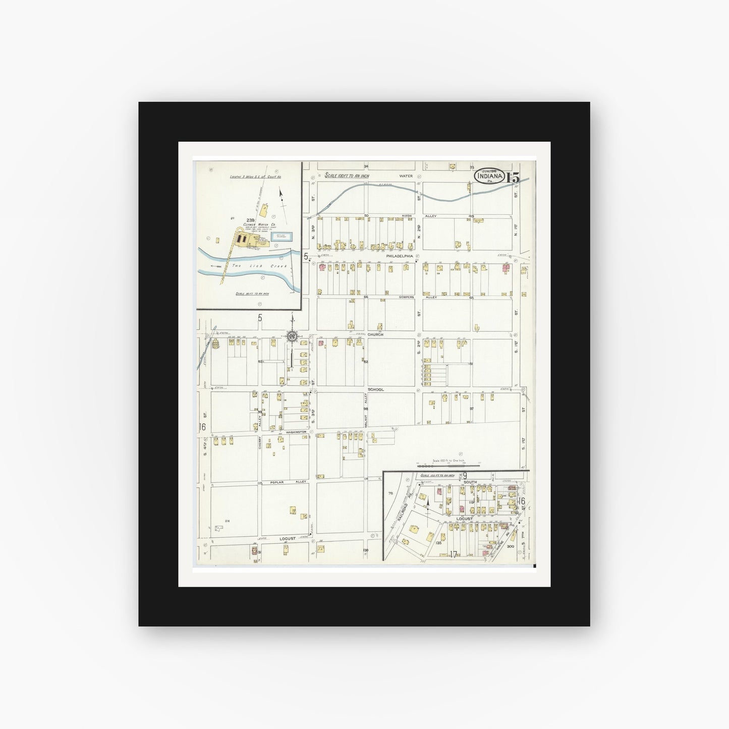 Old map wall art mockup — black gallery frame with white mat — Sanborn Fire Insurance Map from Indiana, Indiana County, Pennsylvania (1916), Sheet #0015