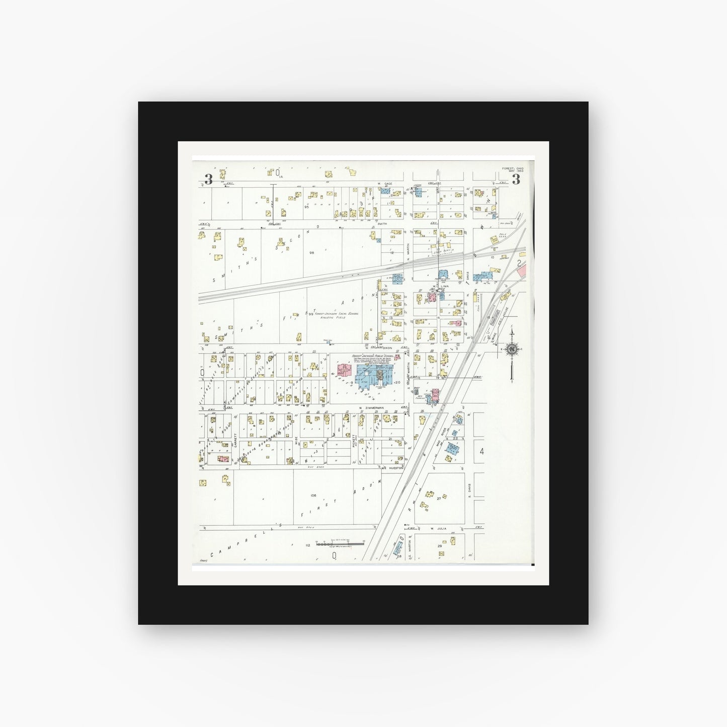 Old map wall art mockup — black gallery frame with white mat — Sanborn Fire Insurance Map from Forest, Hardin County, Ohio (1950), Sheet #0003