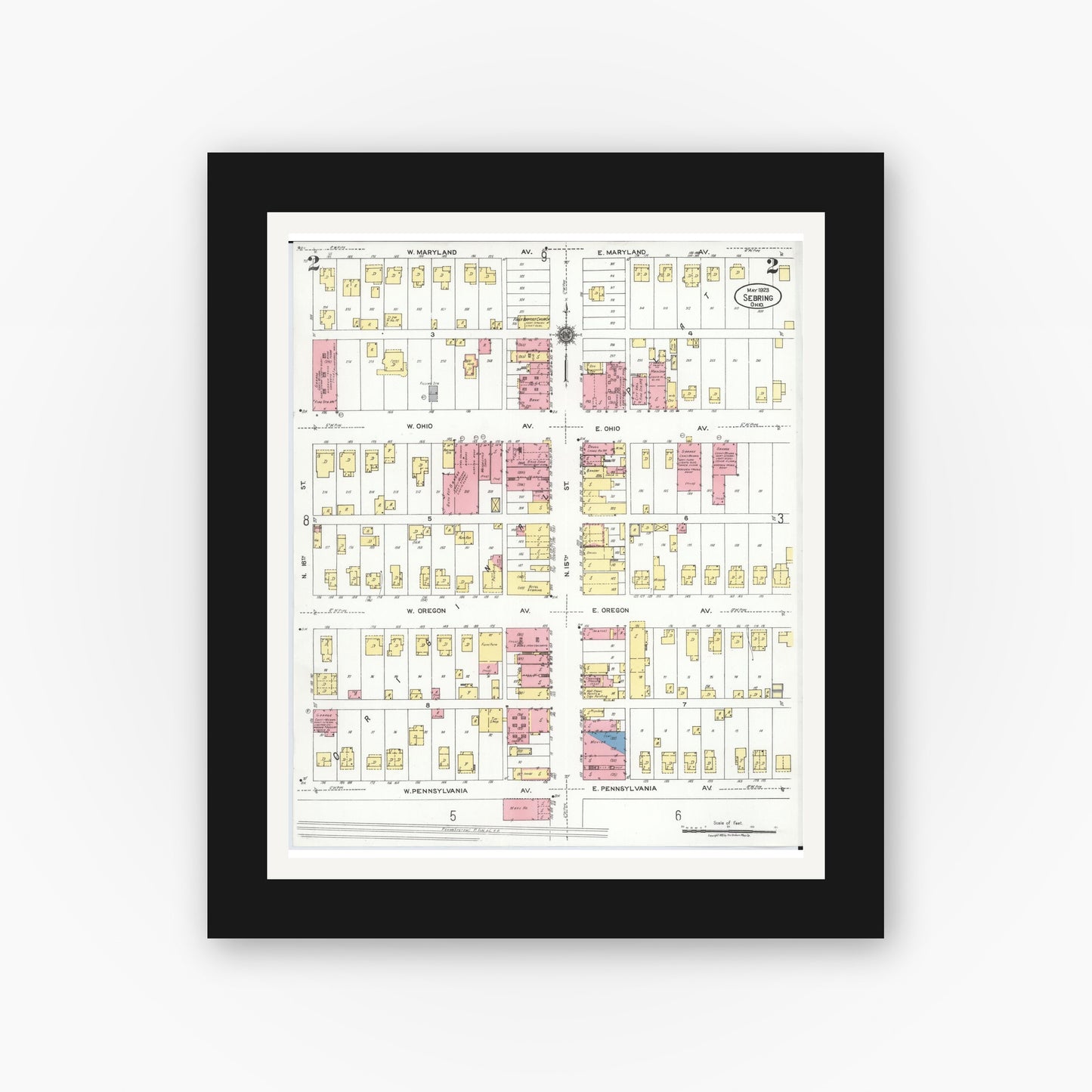 Old map wall art mockup — black gallery frame with white mat — Sanborn Fire Insurance Map from Sebring, Mahoning County, Ohio (1923), Sheet #0002