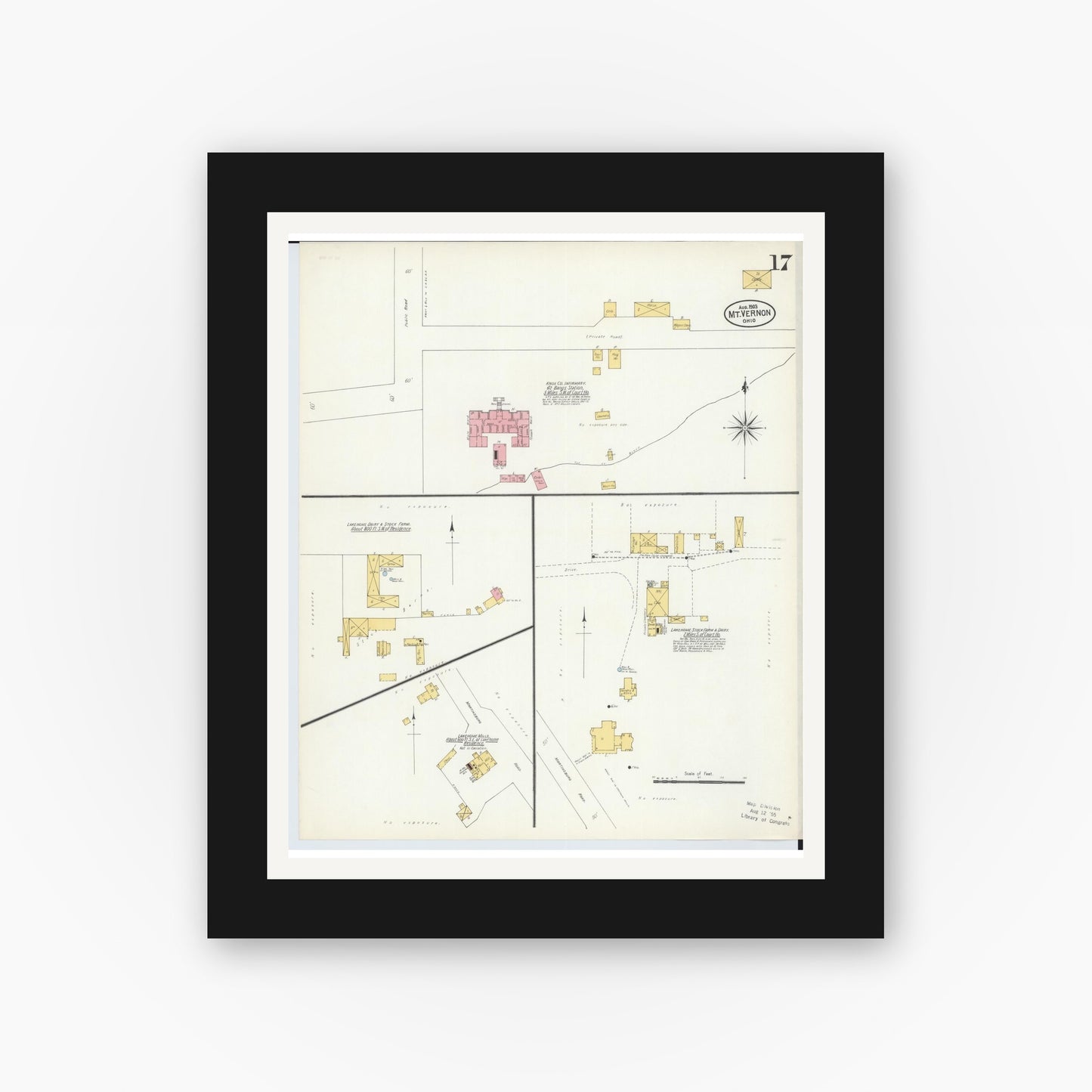 Old map wall art mockup — black gallery frame with white mat — Sanborn Fire Insurance Map from Mount Vernon, Knox County, Ohio (1903), Sheet #0017