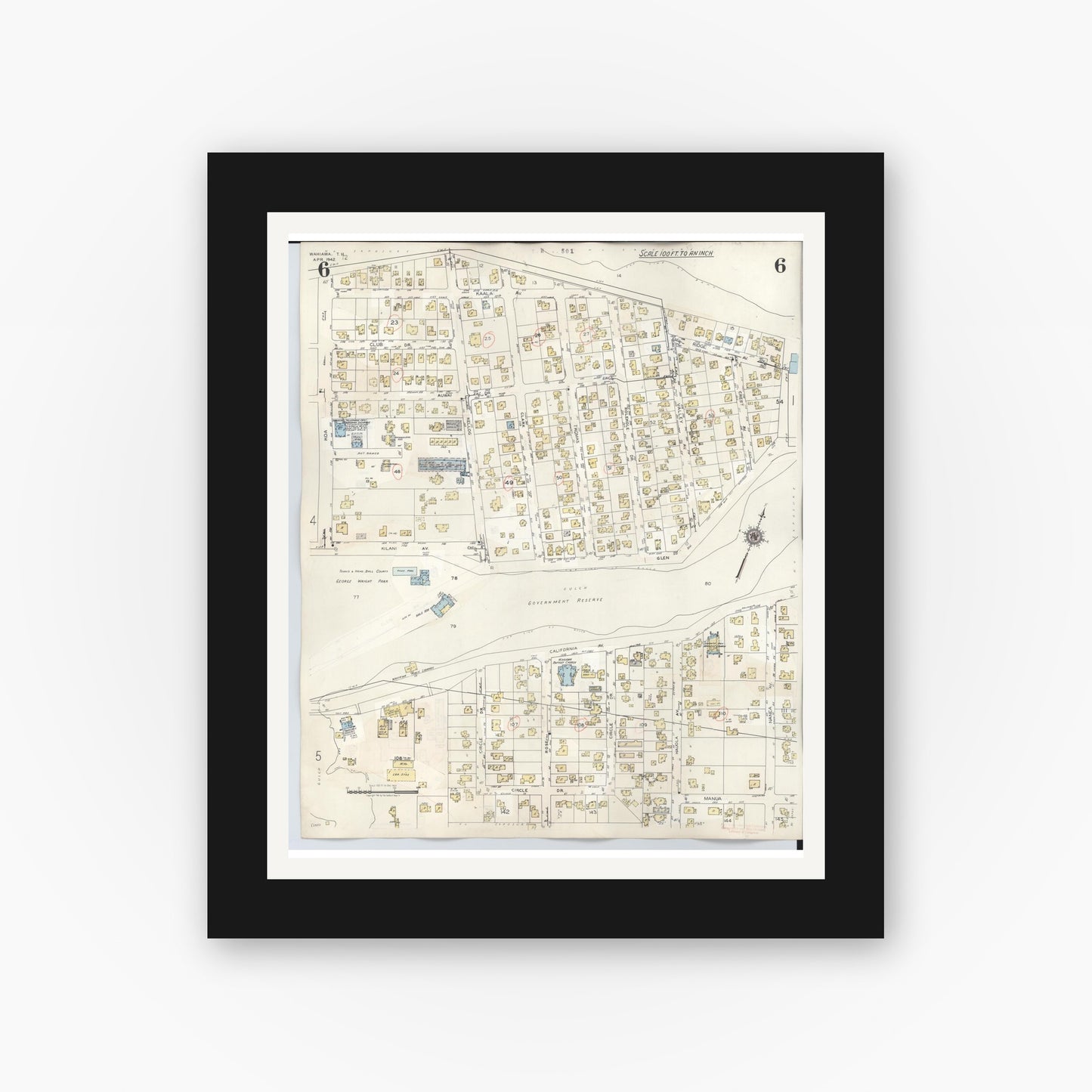 Old map wall art mockup — black gallery frame with white mat — Sanborn Fire Insurance Map from Wahiawa, Honolulu County, Hawaii (1957), Sheet #0006
