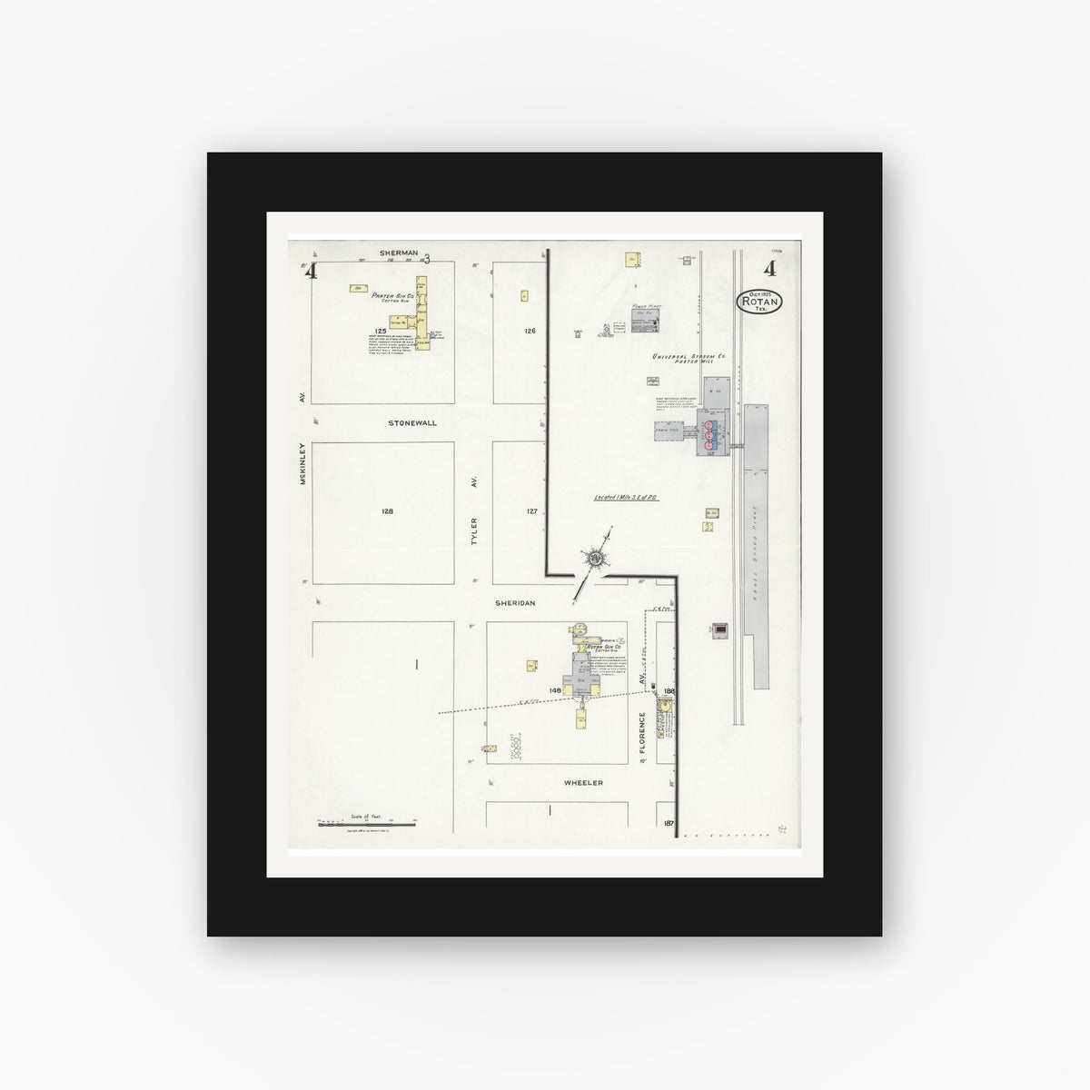 Old map wall art mockup — black gallery frame with white mat — Sanborn Fire Insurance Map from Rotan, Fisher County, Texas (1925), Sheet #0004