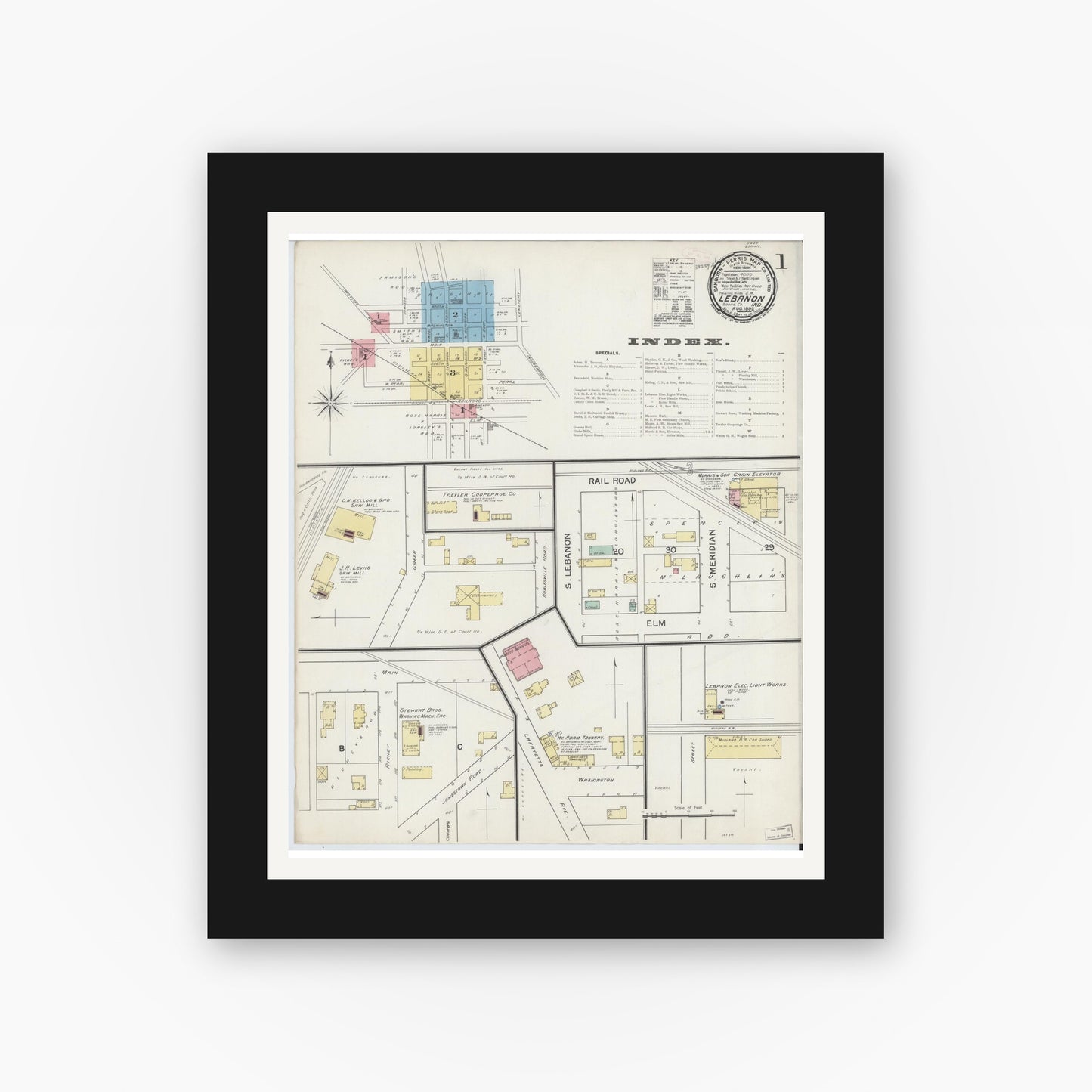 Old map wall art mockup — black gallery frame with white mat — Sanborn Fire Insurance Map from Lebanon, Boone County, Indiana (1892) - Complete Map Set