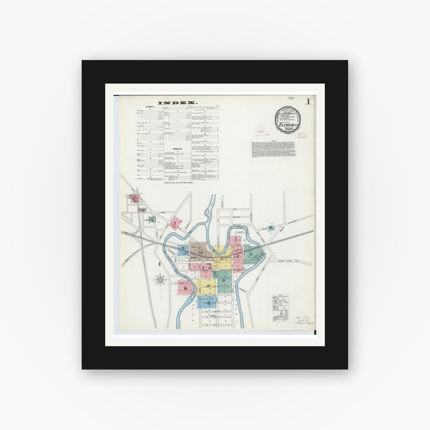 Old map wall art mockup — black gallery frame with white mat — Sanborn Fire Insurance Map from Elyria, Lorain County, Ohio (1893), Sheet #0001