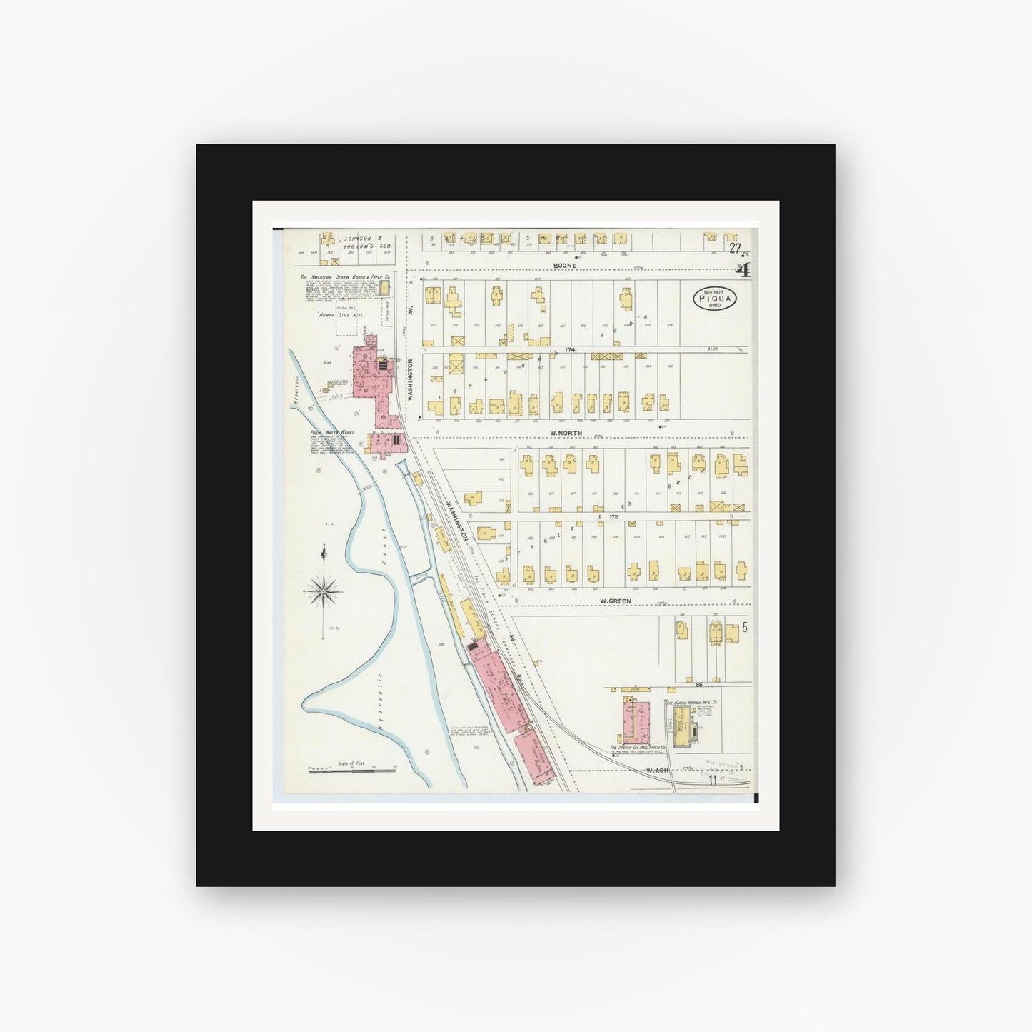Old map wall art mockup — black gallery frame with white mat — Sanborn Fire Insurance Map from Piqua, Miami County, Ohio (1905), Sheet #0004