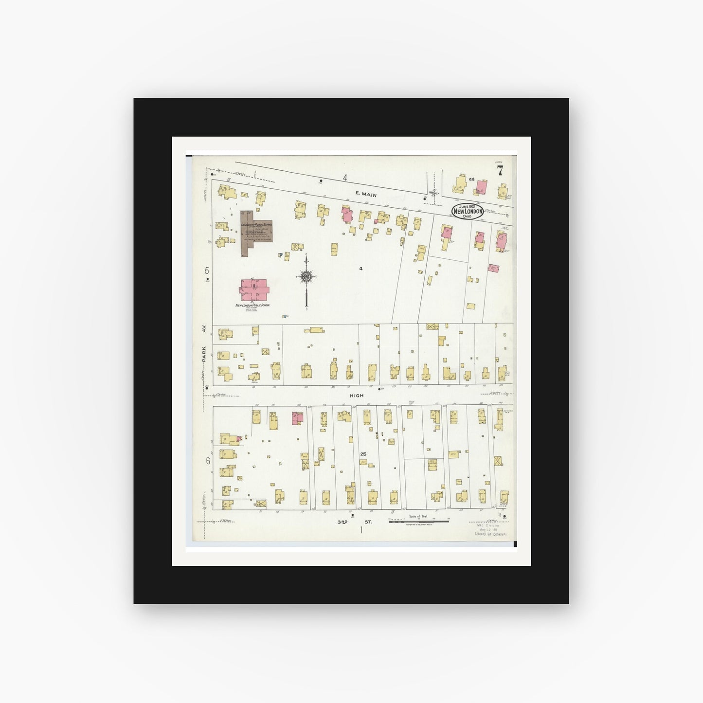 Old map wall art mockup — black gallery frame with white mat — Sanborn Fire Insurance Map from New London, Huron County, Ohio (1921), Sheet #0007