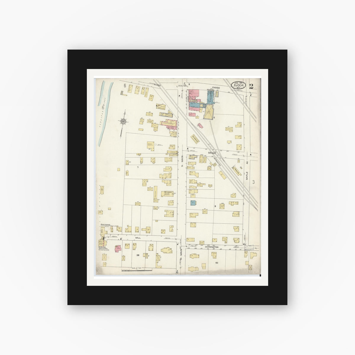 Old map wall art mockup — black gallery frame with white mat — Sanborn Fire Insurance Map from Avoca, Steuben County, New York (1913), Sheet #0002