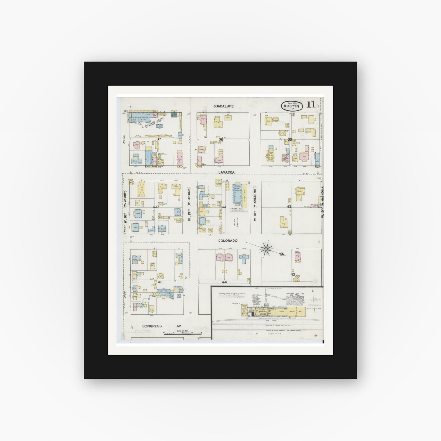 Old map wall art mockup — black gallery frame with white mat — Sanborn Fire Insurance Map from Austin, Travis County, Texas (1889), Sheet #0011