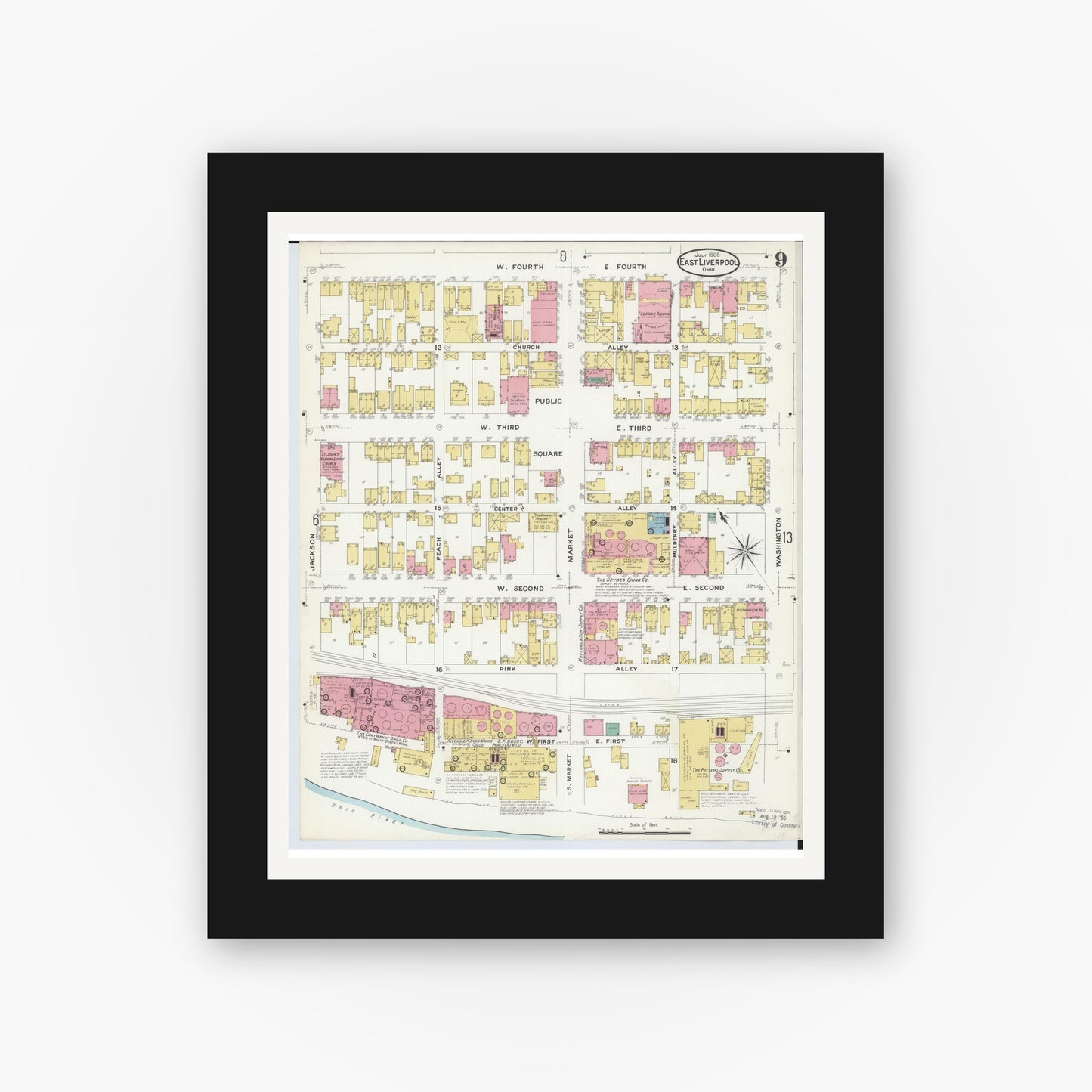 Old map wall art mockup — black gallery frame with white mat — Sanborn Fire Insurance Map from East Liverpool, Columbiana County, Ohio (1908), Sheet #0009