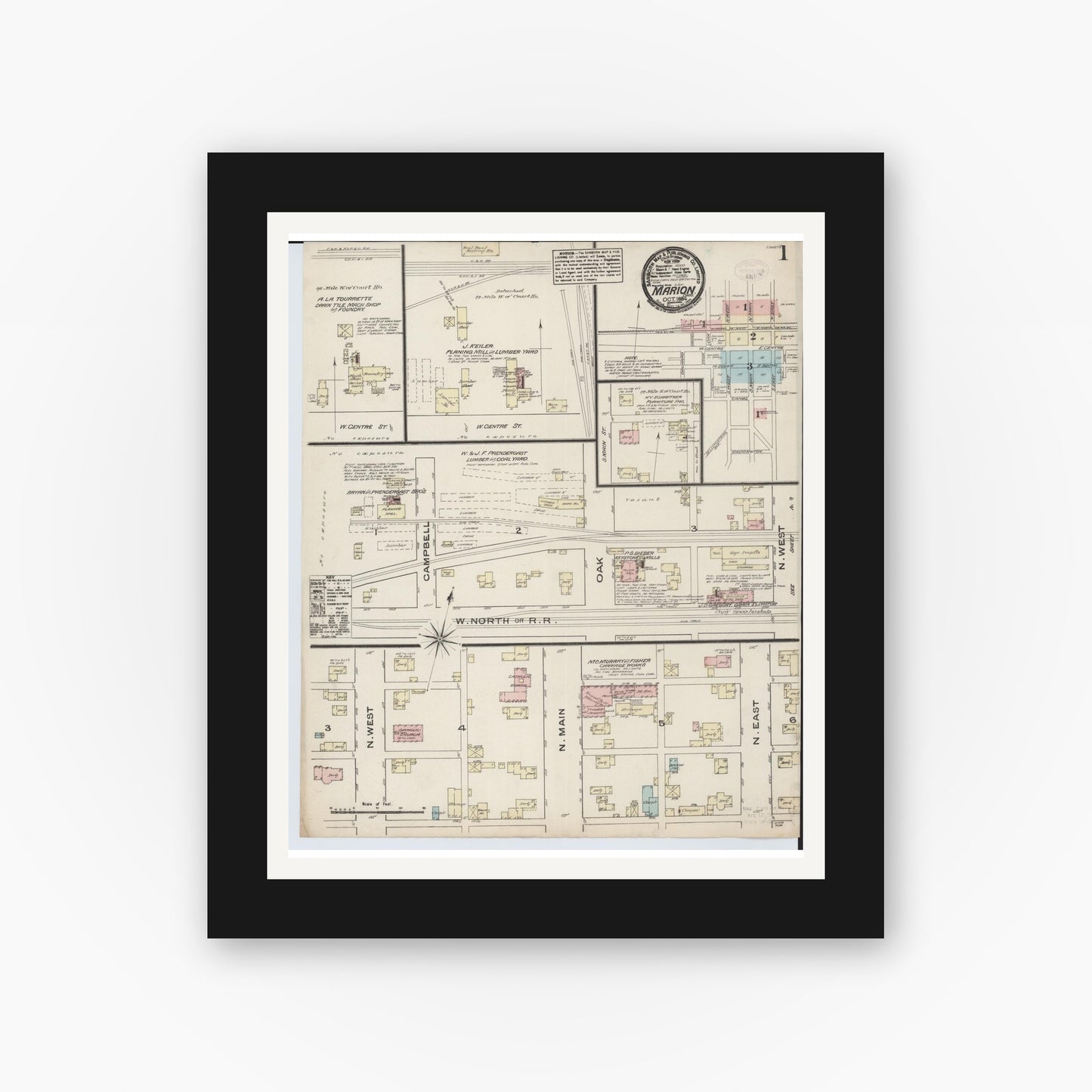 Old map wall art mockup — black gallery frame with white mat — Sanborn Fire Insurance Map from Marion, Marion County, Ohio (1884), Sheet #0001
