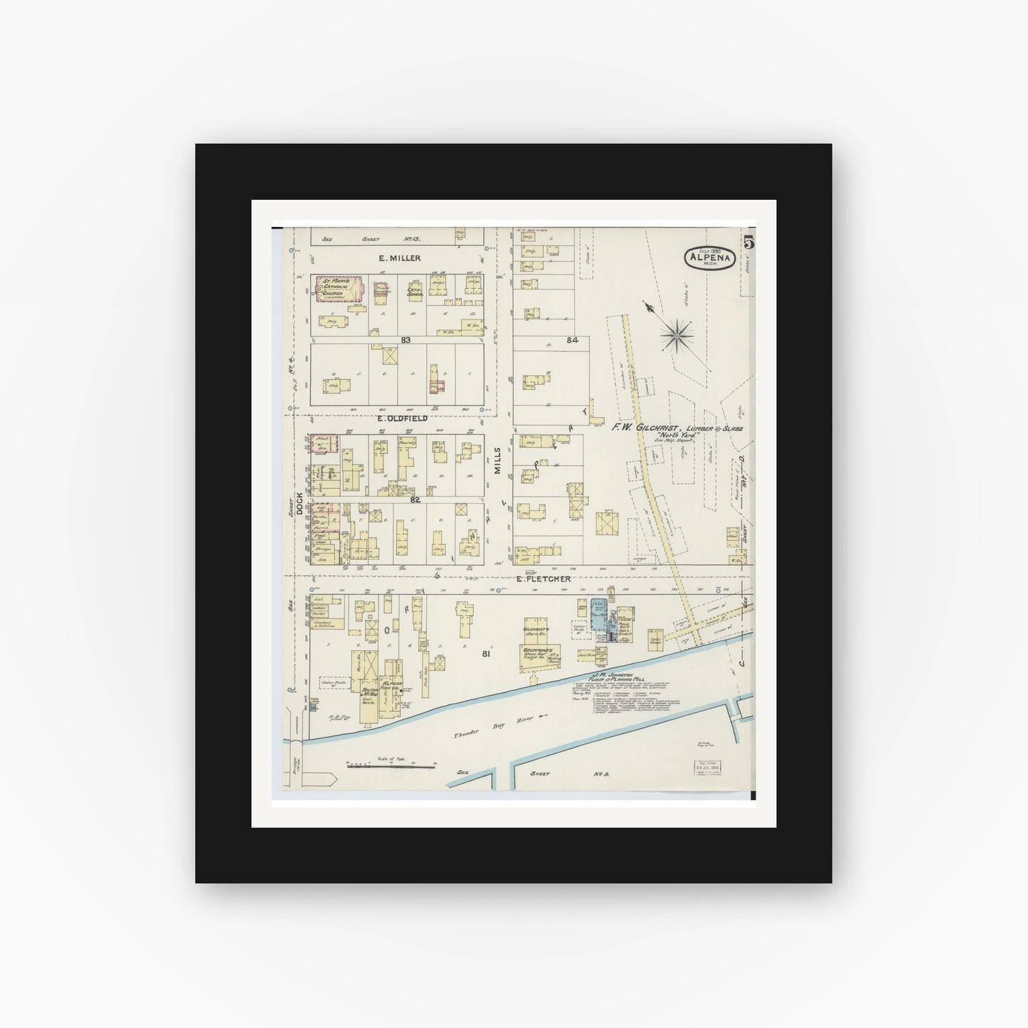 Old map wall art mockup — black gallery frame with white mat — Sanborn Fire Insurance Map from Alpena, Alpena County, Michigan (1890), Sheet #0005