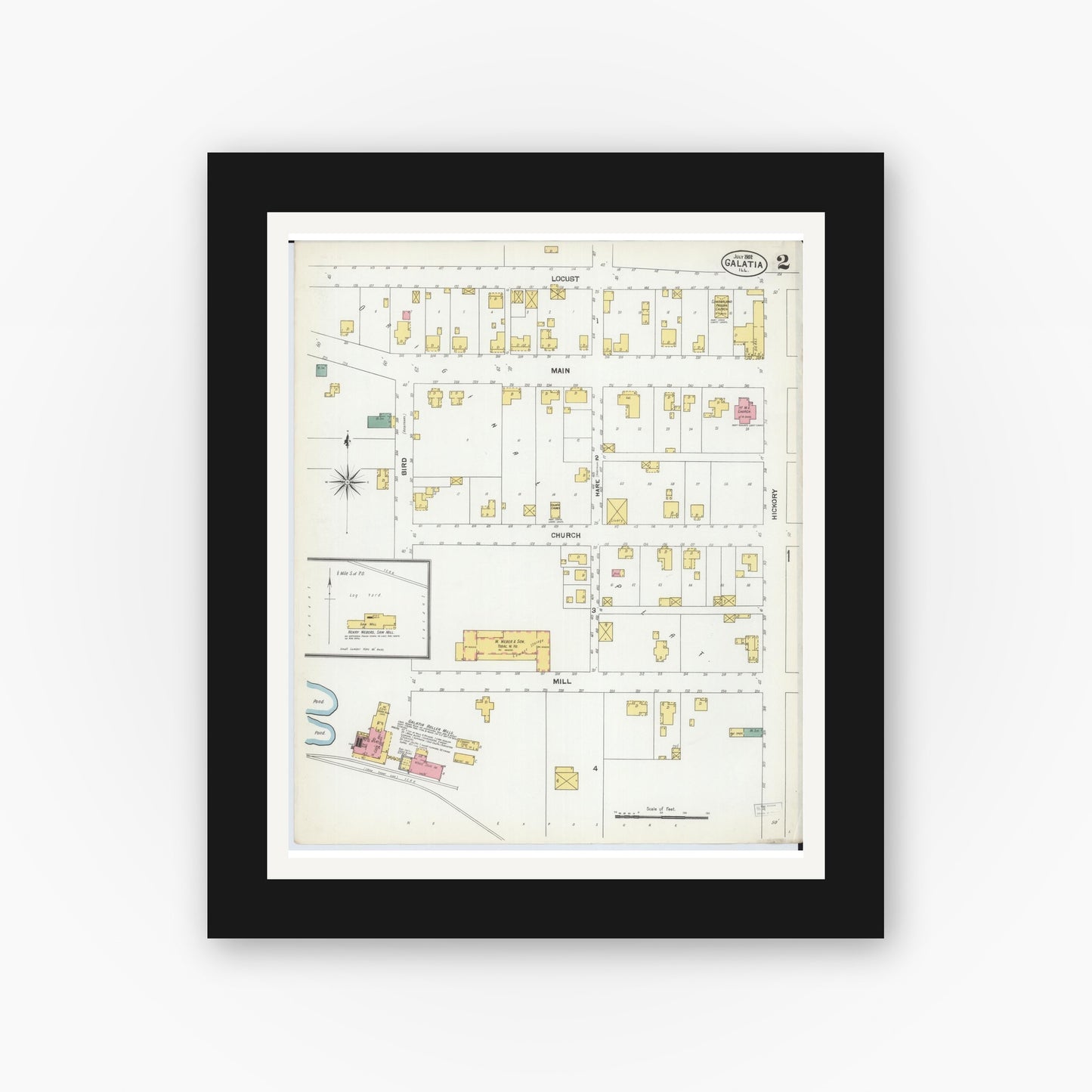 Old map wall art mockup — black gallery frame with white mat — Sanborn Fire Insurance Map from Galatia, Saline County, Illinois (1902), Sheet #0002