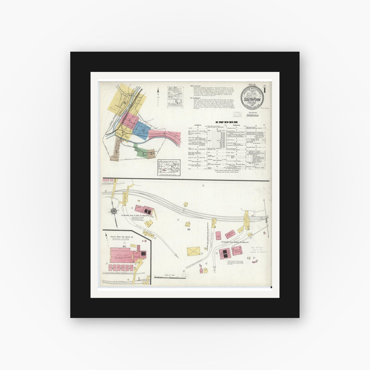 Old map wall art mockup — black gallery frame with white mat — Sanborn Fire Insurance Map from South Fork, Cambria County, Pennsylvania (1916) - Complete Map Set