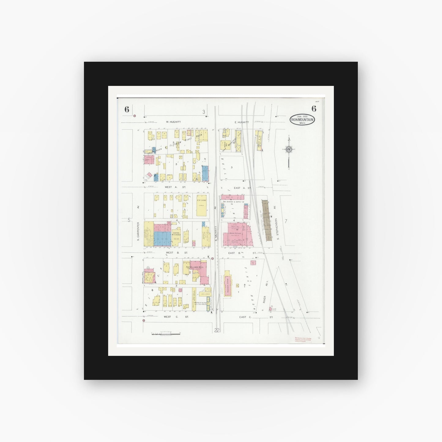 Old map wall art mockup — black gallery frame with white mat — Sanborn Fire Insurance Map from Iron Mountain, Dickinson County, Michigan (1930), Sheet #0006