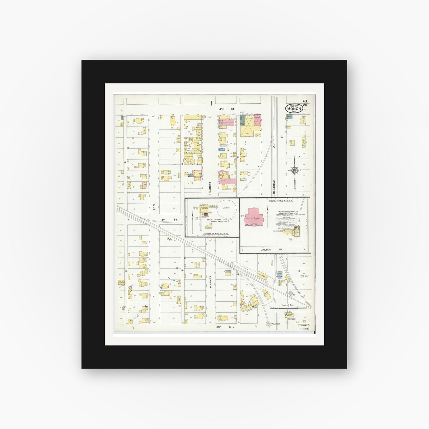 Old map wall art mockup — black gallery frame with white mat — Sanborn Fire Insurance Map from Monon, White County, Indiana (1909), Sheet #0002
