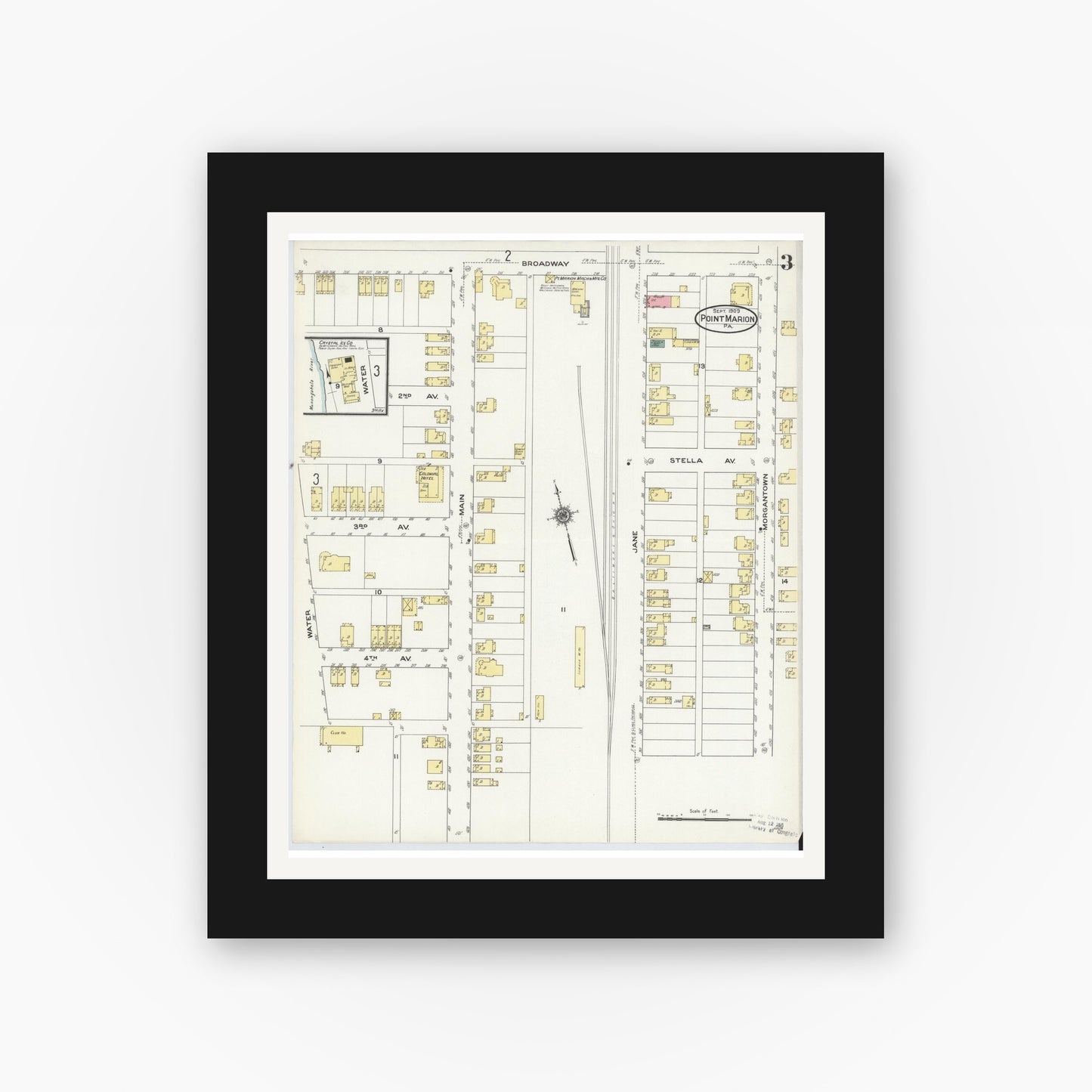 Old map wall art mockup — black gallery frame with white mat — Sanborn Fire Insurance Map from Point Marion, Fayette County, Pennsylvania (1909), Sheet #0003