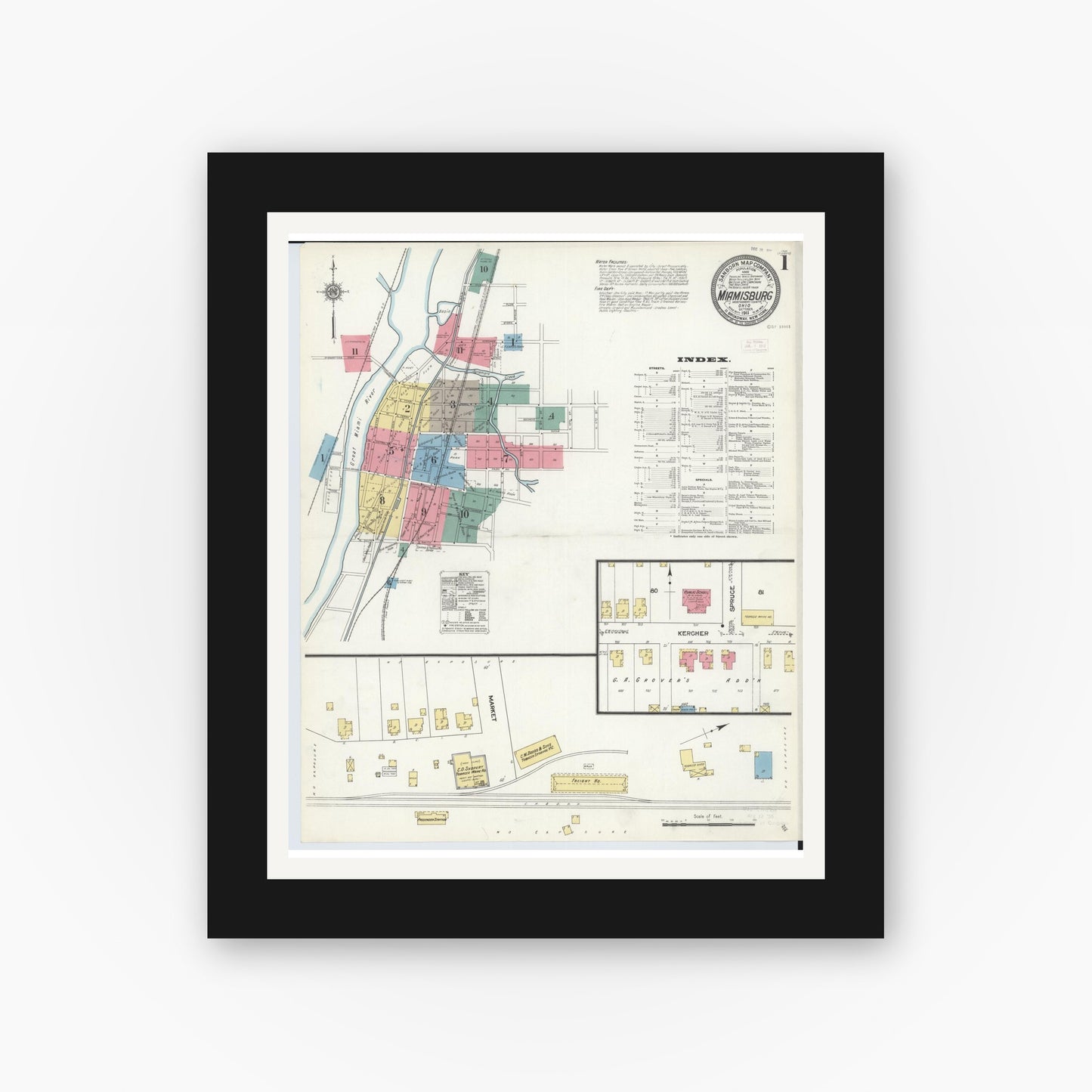 Old map wall art mockup — black gallery frame with white mat — Sanborn Fire Insurance Map from Miamisburg, Montgomery County, Ohio (1911), Sheet #0001