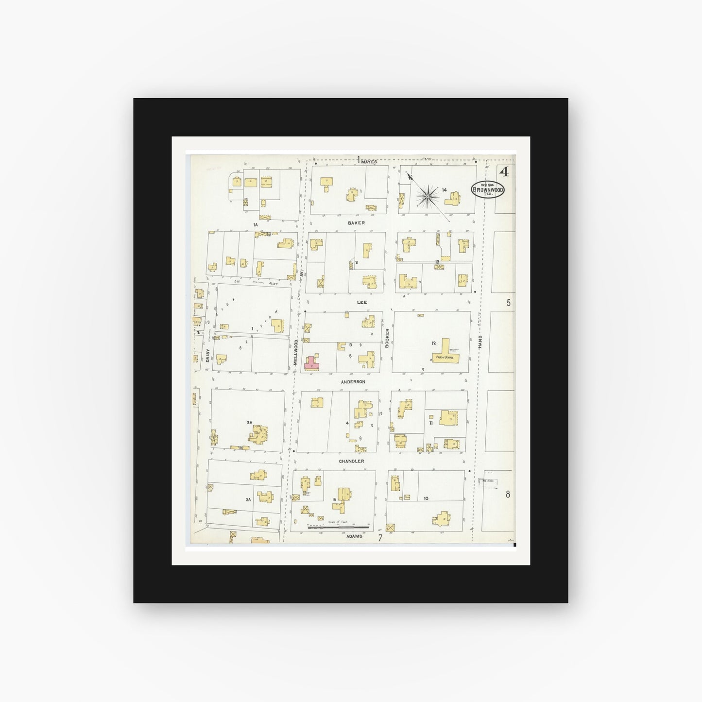 Old map wall art mockup — black gallery frame with white mat — Sanborn Fire Insurance Map from Brownwood, Brown County, Texas (1904), Sheet #0004