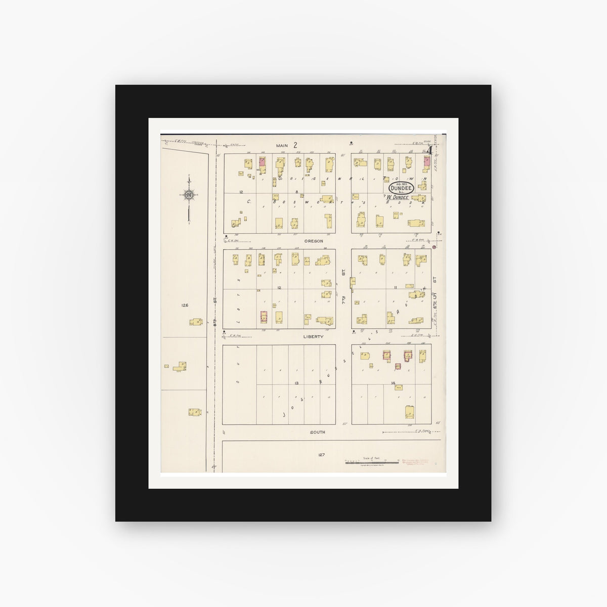 Old map wall art mockup — black gallery frame with white mat — Sanborn Fire Insurance Map from Dundee, Kane County, Illinois (1922), Sheet #0004