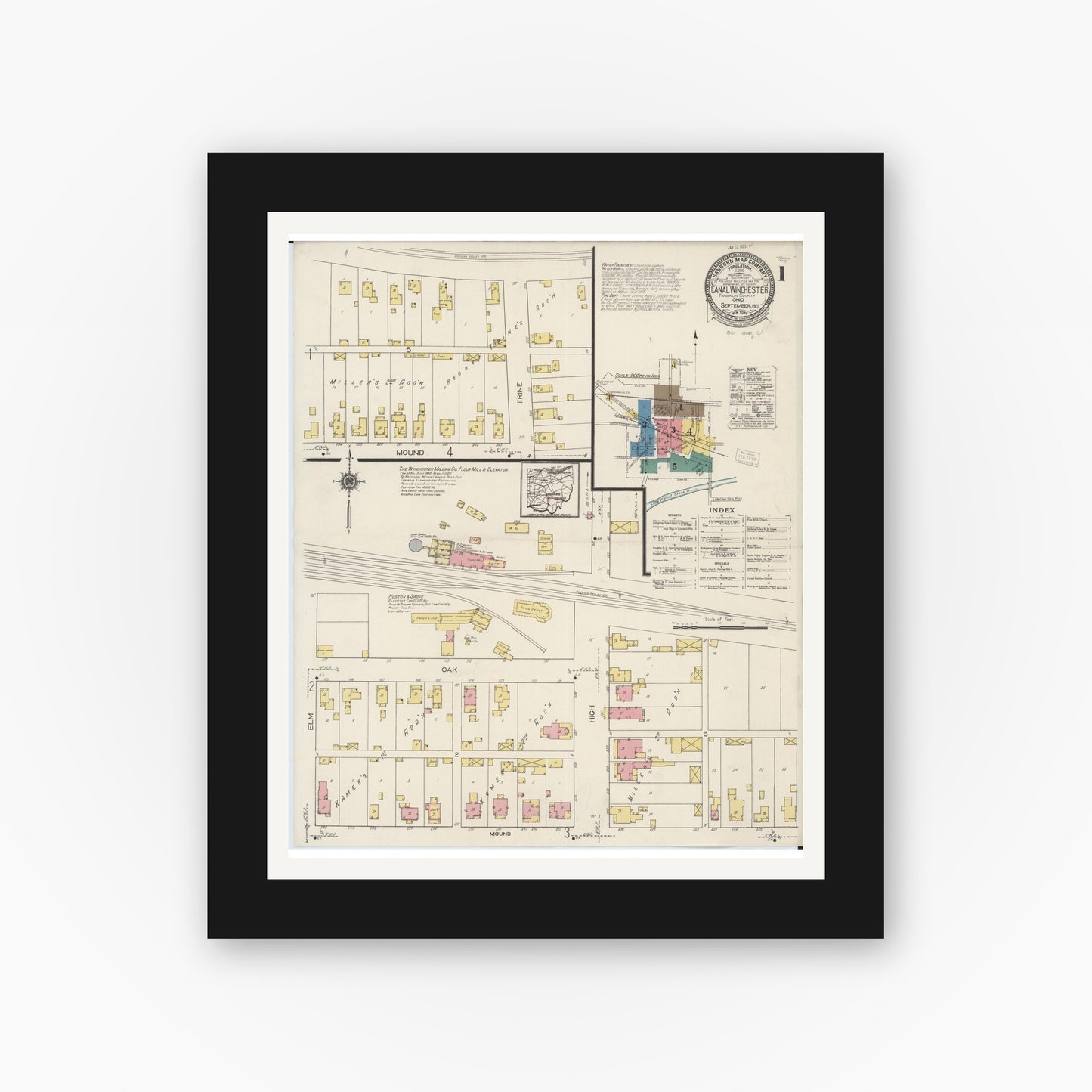 Old map wall art mockup — black gallery frame with white mat — Sanborn Fire Insurance Map from Canal Winchester, Franklin County, Ohio (1922), Sheet #0001