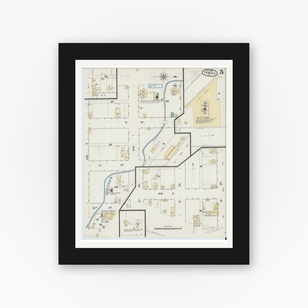 Old map wall art mockup — black gallery frame with white mat — Sanborn Fire Insurance Map from Temple, Bell County, Texas (1888), Sheet #0005