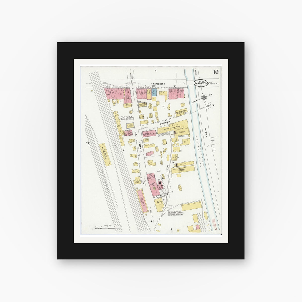 Old map wall art mockup — black gallery frame with white mat — Sanborn Fire Insurance Map from Canastota, Madison County, New York (1911), Sheet #0010