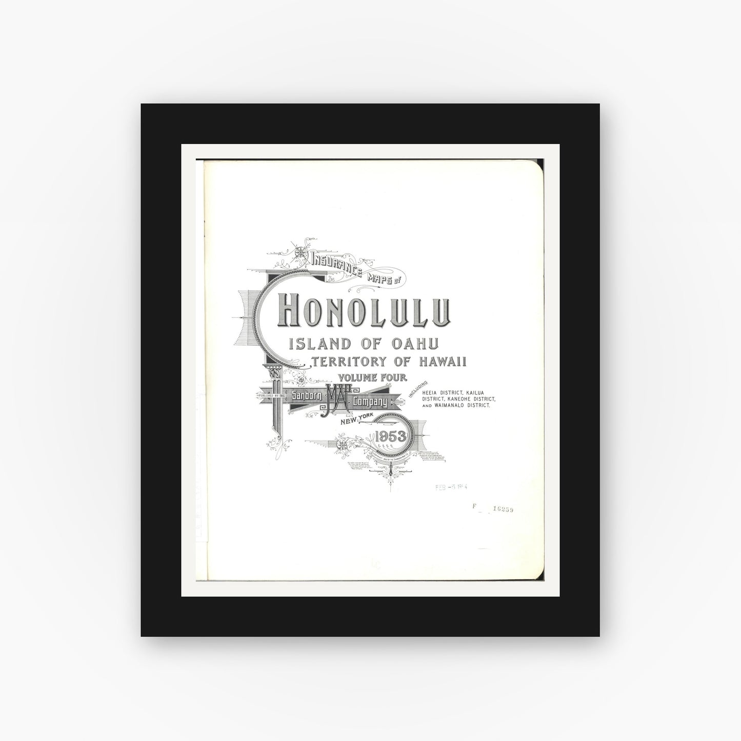 Old map wall art mockup — black gallery frame with white mat — Sanborn Fire Insurance Map from Honolulu, Oahu County, Hawaii (1953), Sheet #0001
