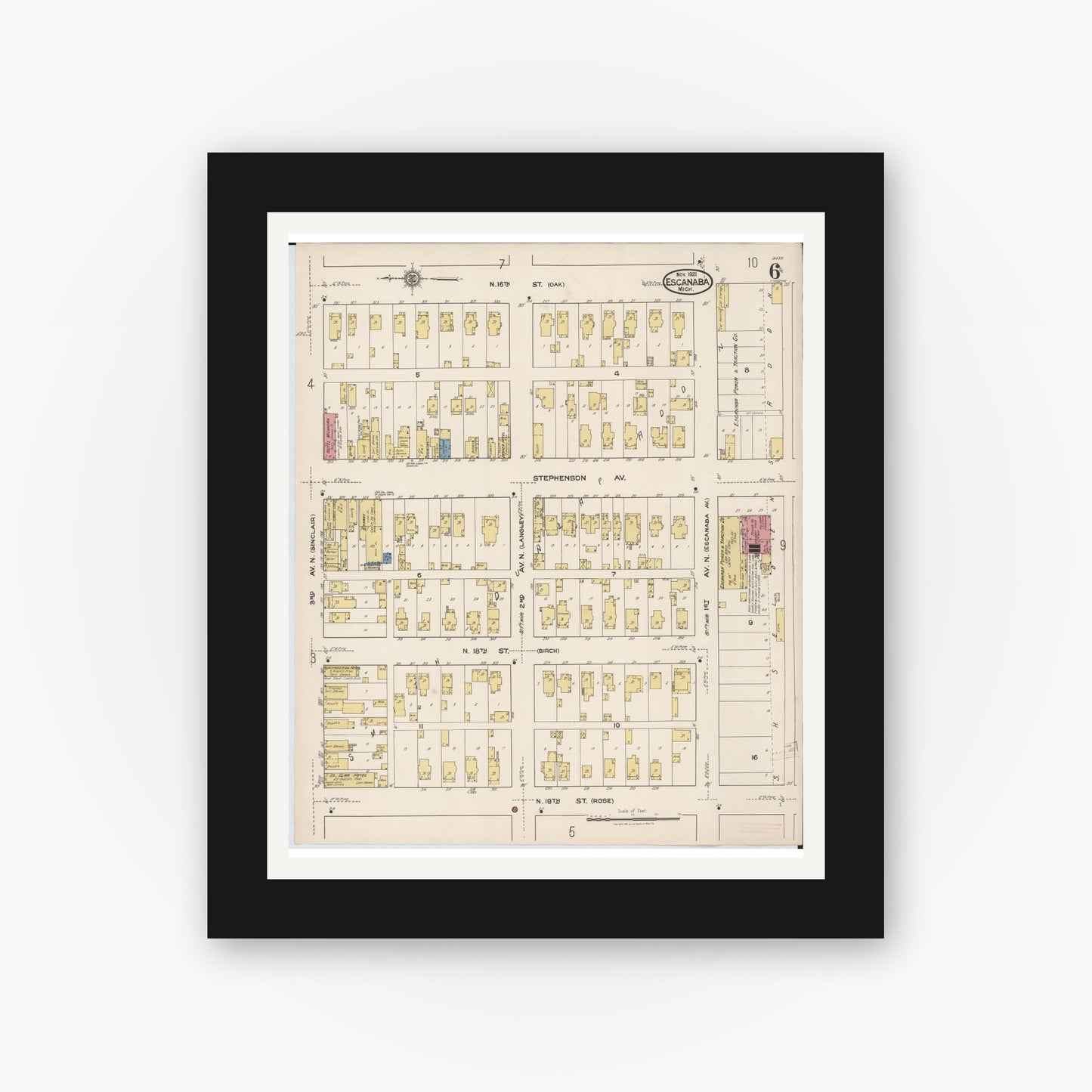 Old map wall art mockup — black gallery frame with white mat — Sanborn Fire Insurance Map from Escanaba, Delta County, Michigan (1921), Sheet #0006