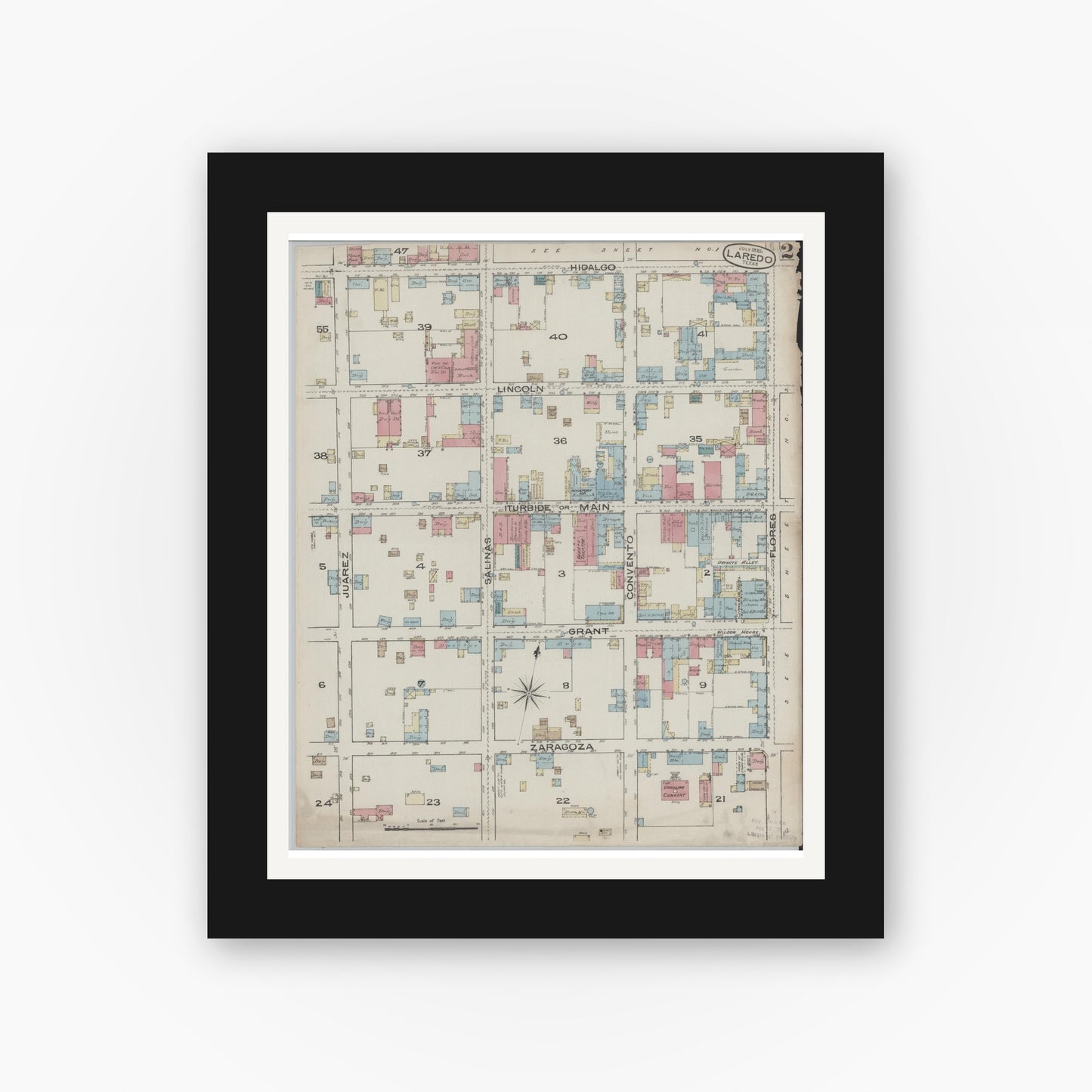 Old map wall art mockup — black gallery frame with white mat — Sanborn Fire Insurance Map from Laredo, Webb County, Texas (1885), Sheet #0002