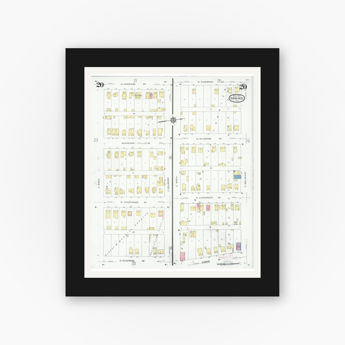 Old map wall art mockup — black gallery frame with white mat — Sanborn Fire Insurance Map from Kankakee, Kankakee County, Illinois (1930), Sheet #0020