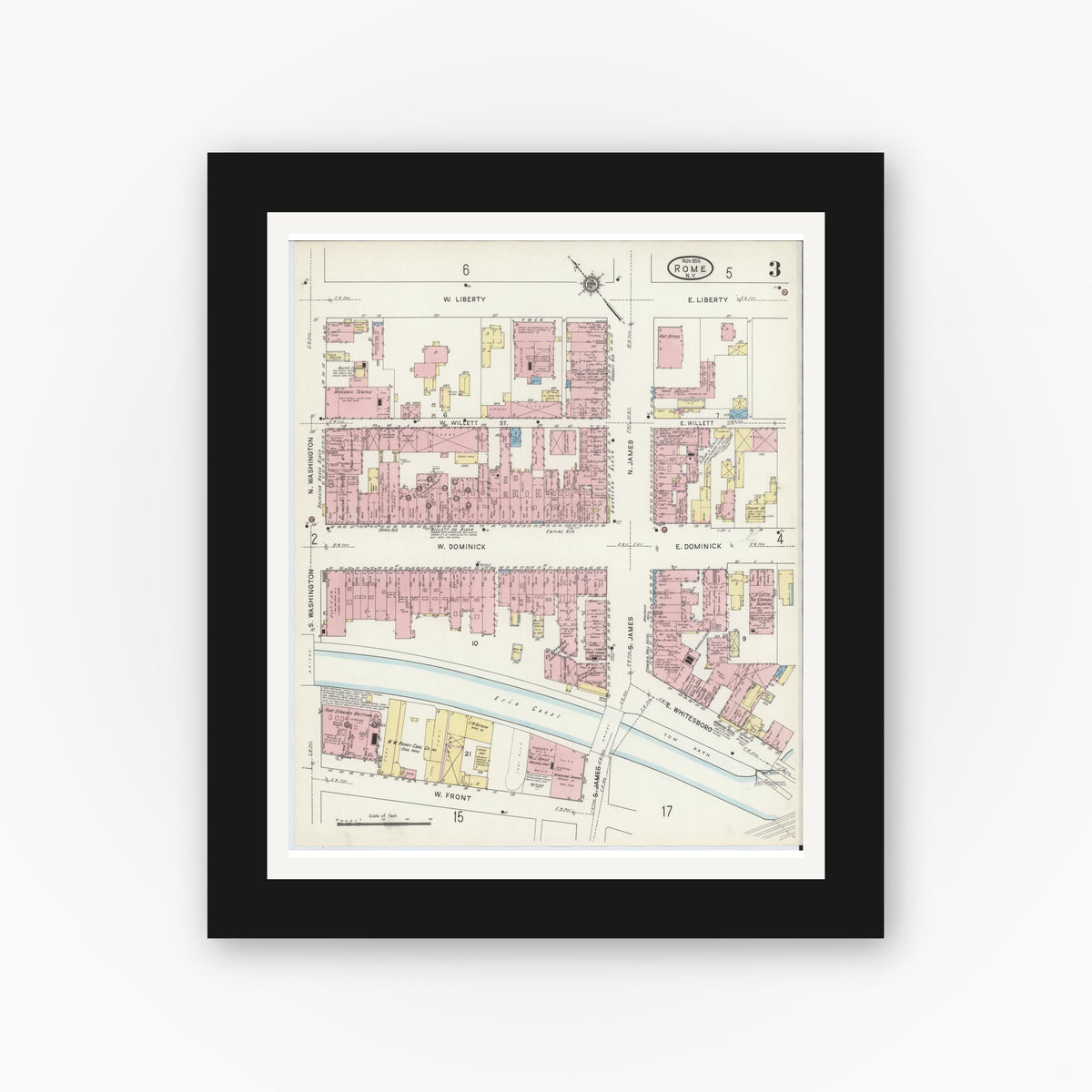 Old map wall art mockup — black gallery frame with white mat — Sanborn Fire Insurance Map from Rome, Oneida County, New York (1914), Sheet #0003