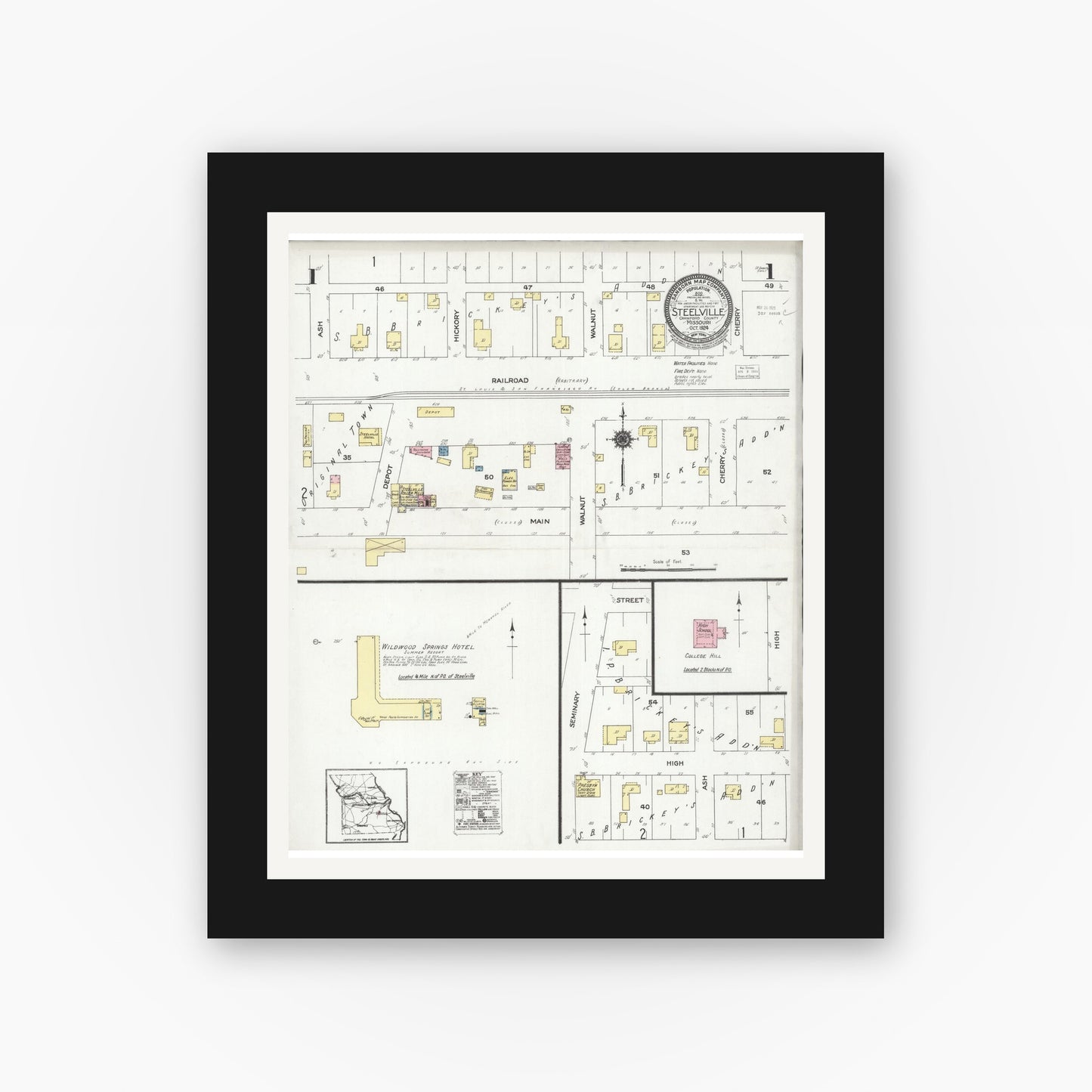 Old map wall art mockup — black gallery frame with white mat — Sanborn Fire Insurance Map from Steelville, Crawford County, Missouri (1924) - Complete Map Set