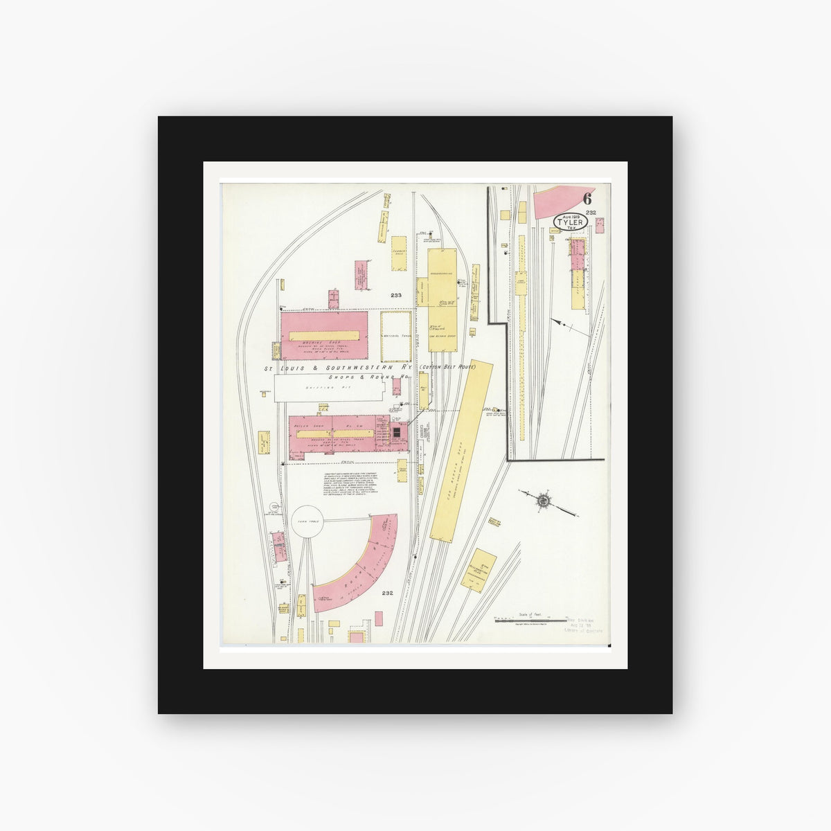Old map wall art mockup — black gallery frame with white mat — Sanborn Fire Insurance Map from Tyler, Smith County, Texas (1919), Sheet #0006