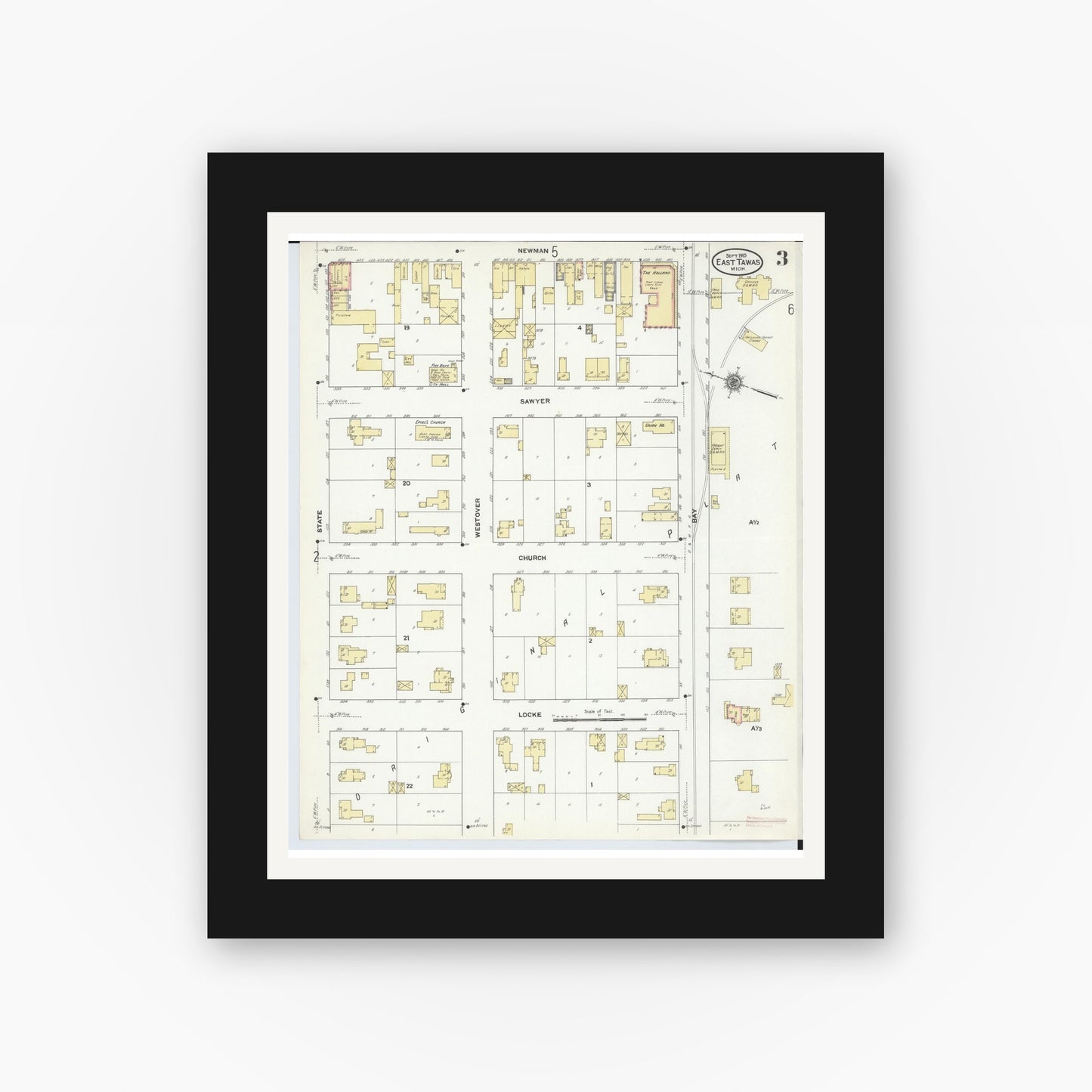 Old map wall art mockup — black gallery frame with white mat — Sanborn Fire Insurance Map from East Tawas, Iosco County, Michigan (1910), Sheet #0003