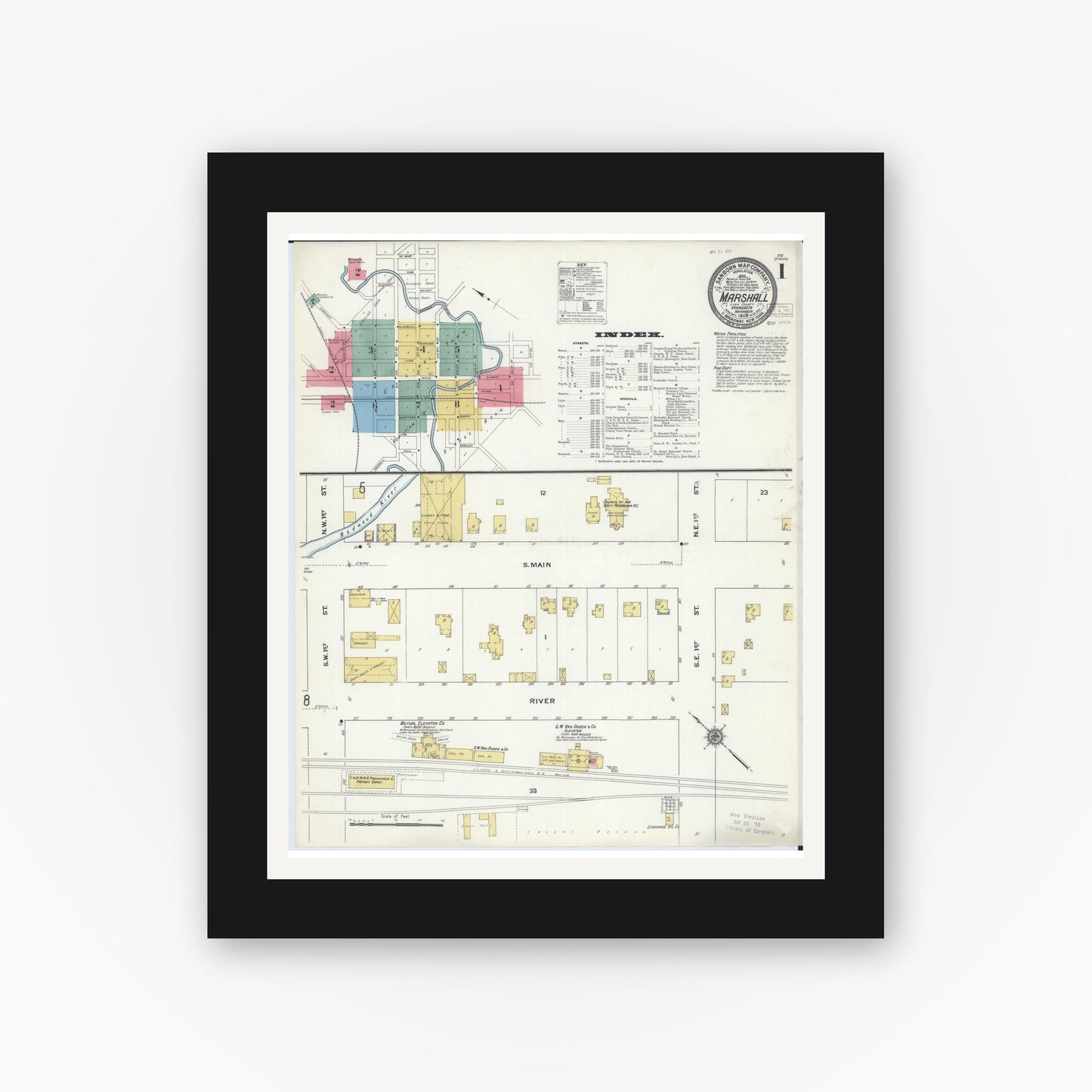 Old map wall art mockup — black gallery frame with white mat — Sanborn Fire Insurance Map from Marshall, Lyon County, Minnesota (1909) - Complete Map Set