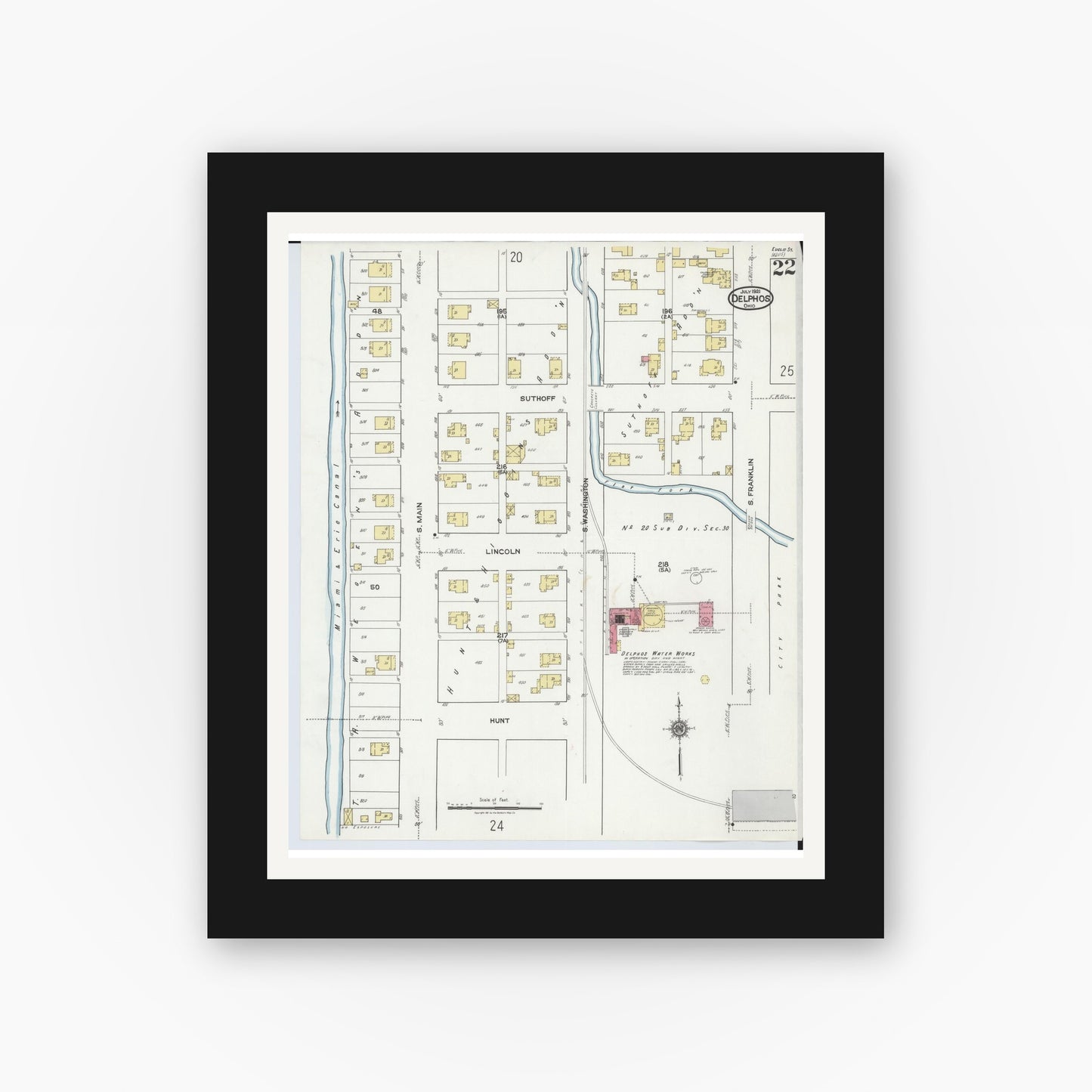 Old map wall art mockup — black gallery frame with white mat — Sanborn Fire Insurance Map from Delphos, Van Wert And Allen Counties, Ohio (1921), Sheet #0022