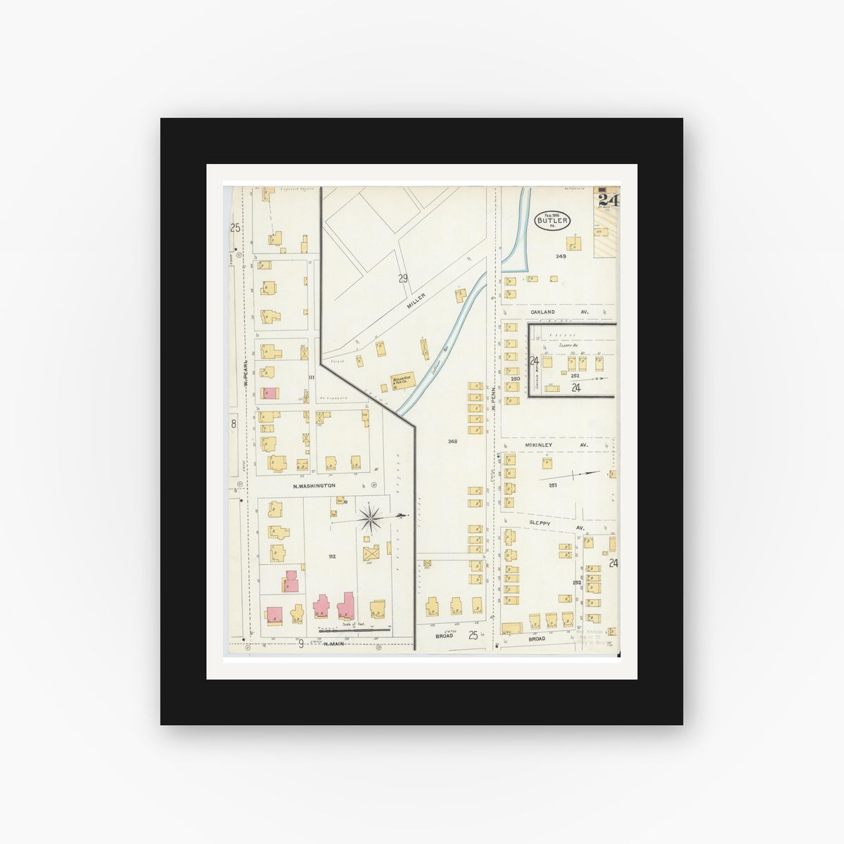 Old map wall art mockup — black gallery frame with white mat — Sanborn Fire Insurance Map from Butler, Butler County, Pennsylvania (1906), Sheet #0024