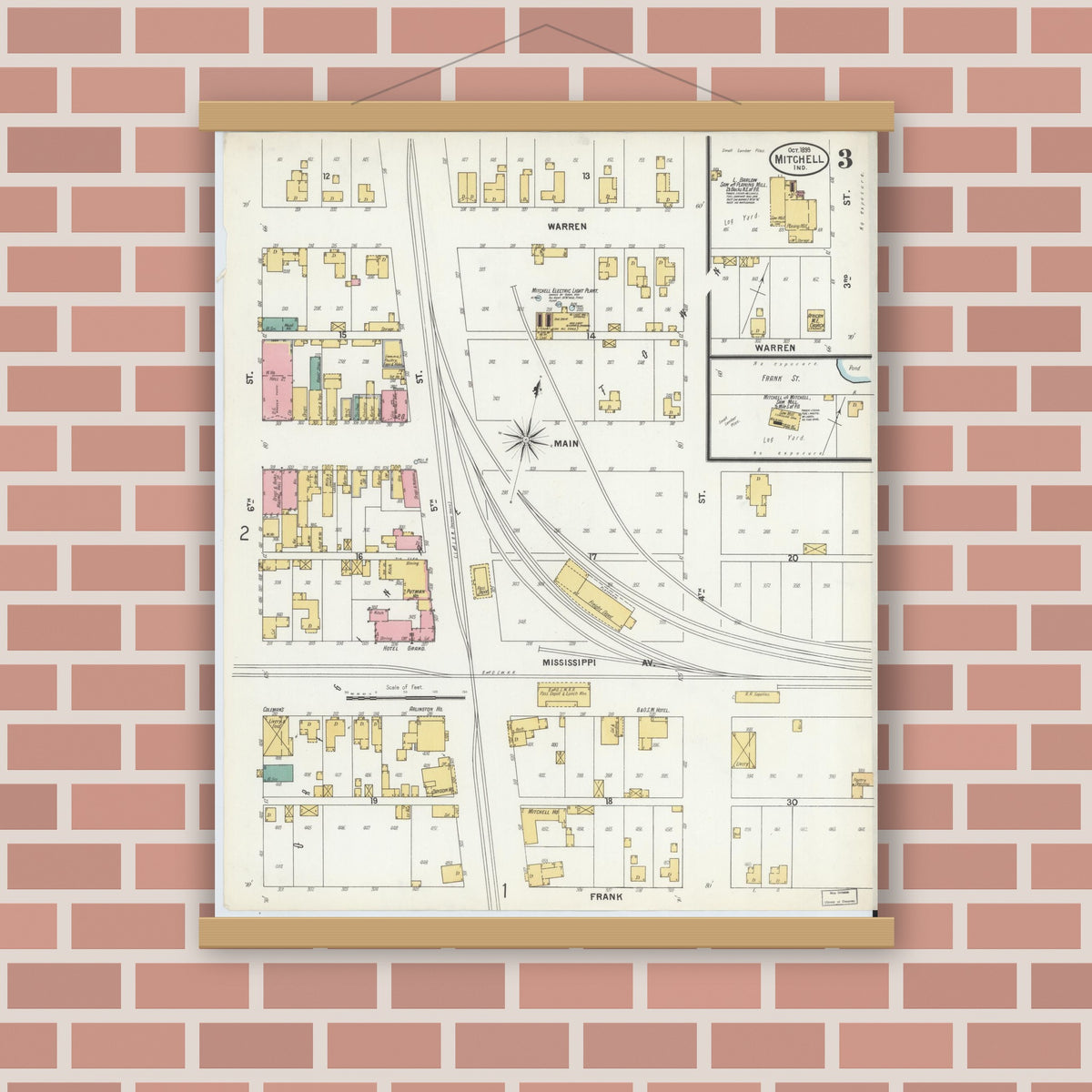 Old map wall art mockup — magnetic wood frame on brick wall — Sanborn Fire Insurance Map from Mitchell, Lawrence County, Indiana (1899), Sheet #0003