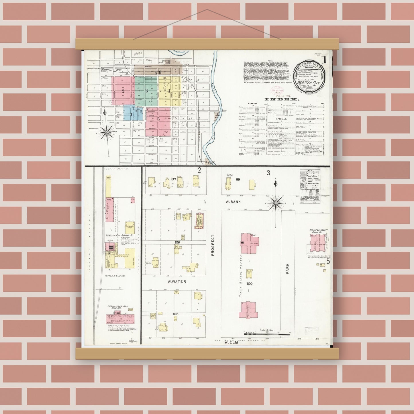 Old map wall art mockup — magnetic wood frame on brick wall — Sanborn Fire Insurance Map from Webster City, Hamilton County, Iowa (1896), Sheet #0001