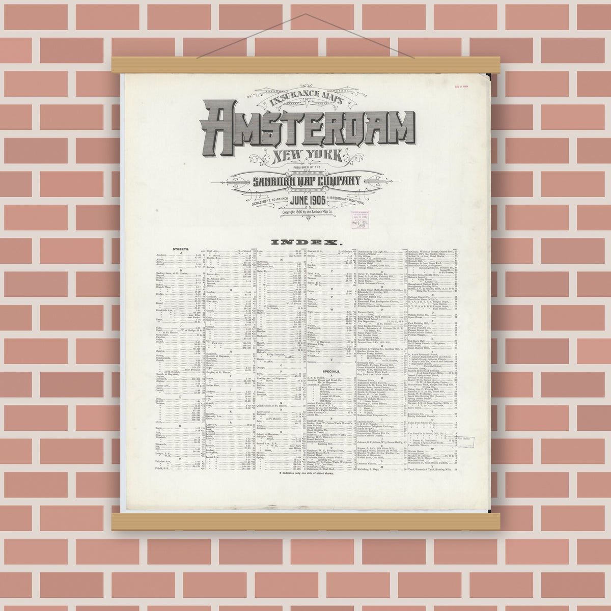 Old map wall art mockup — magnetic wood frame on brick wall — Sanborn Fire Insurance Map from Amsterdam, Montgomery County, New York (1906), Sheet #0001