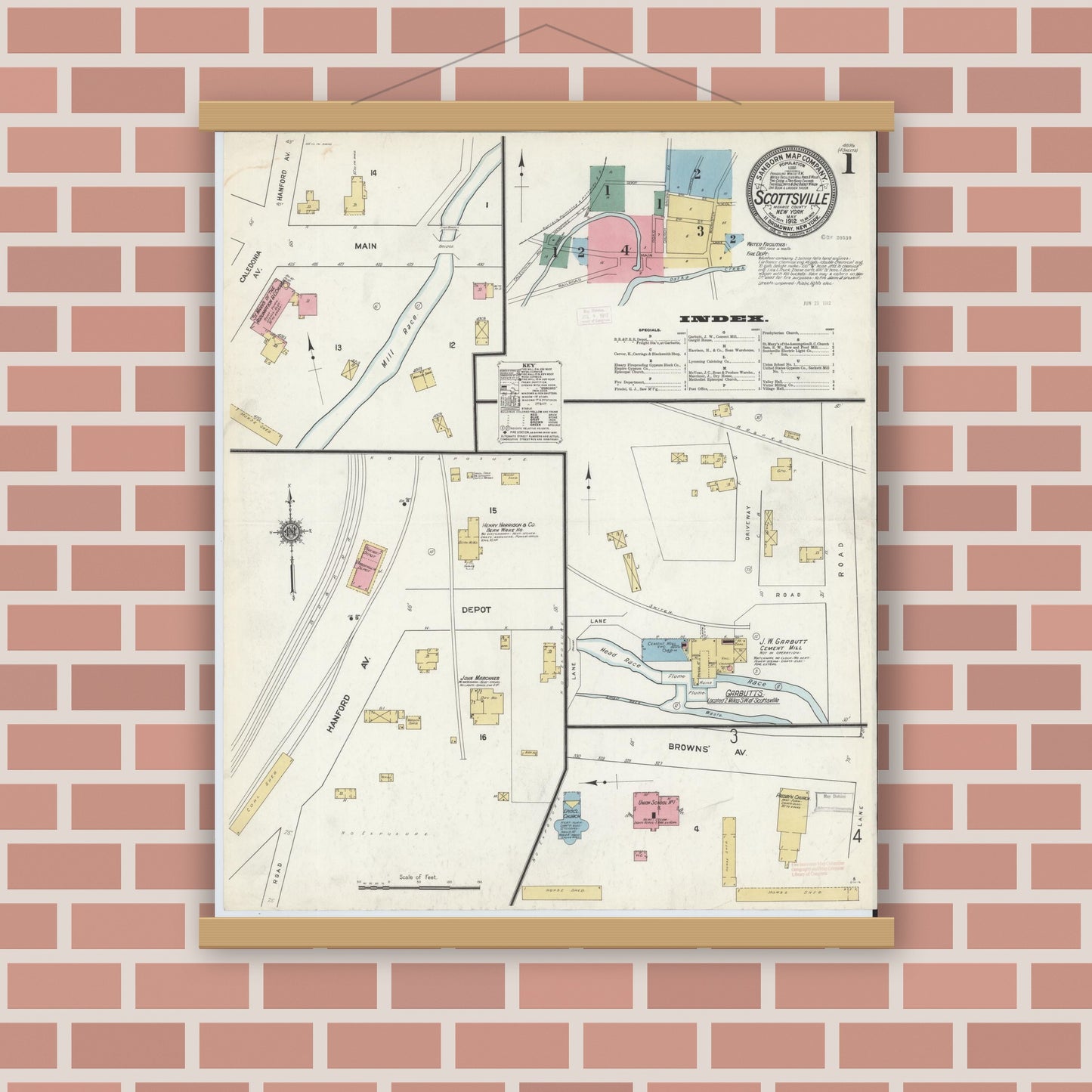 Old map wall art mockup — magnetic wood frame on brick wall — Sanborn Fire Insurance Map from Scottsville, Monroe County, New York (1912) - Complete Map Set