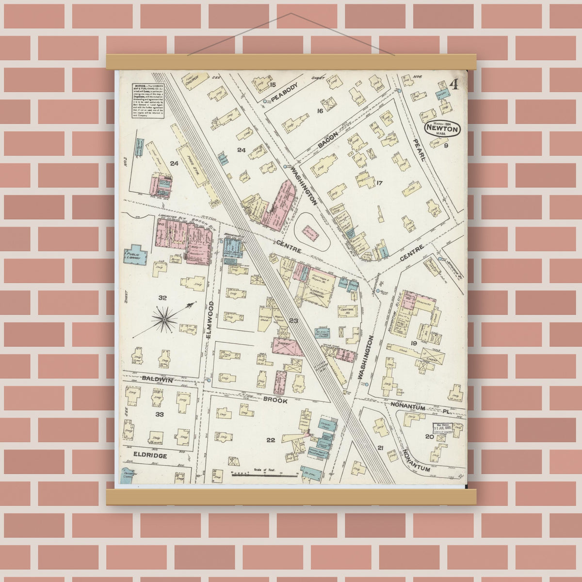 Old map wall art mockup — magnetic wood frame on brick wall — Sanborn Fire Insurance Map from Newton, Middlesex County, Massachusetts (1884), Sheet #0004