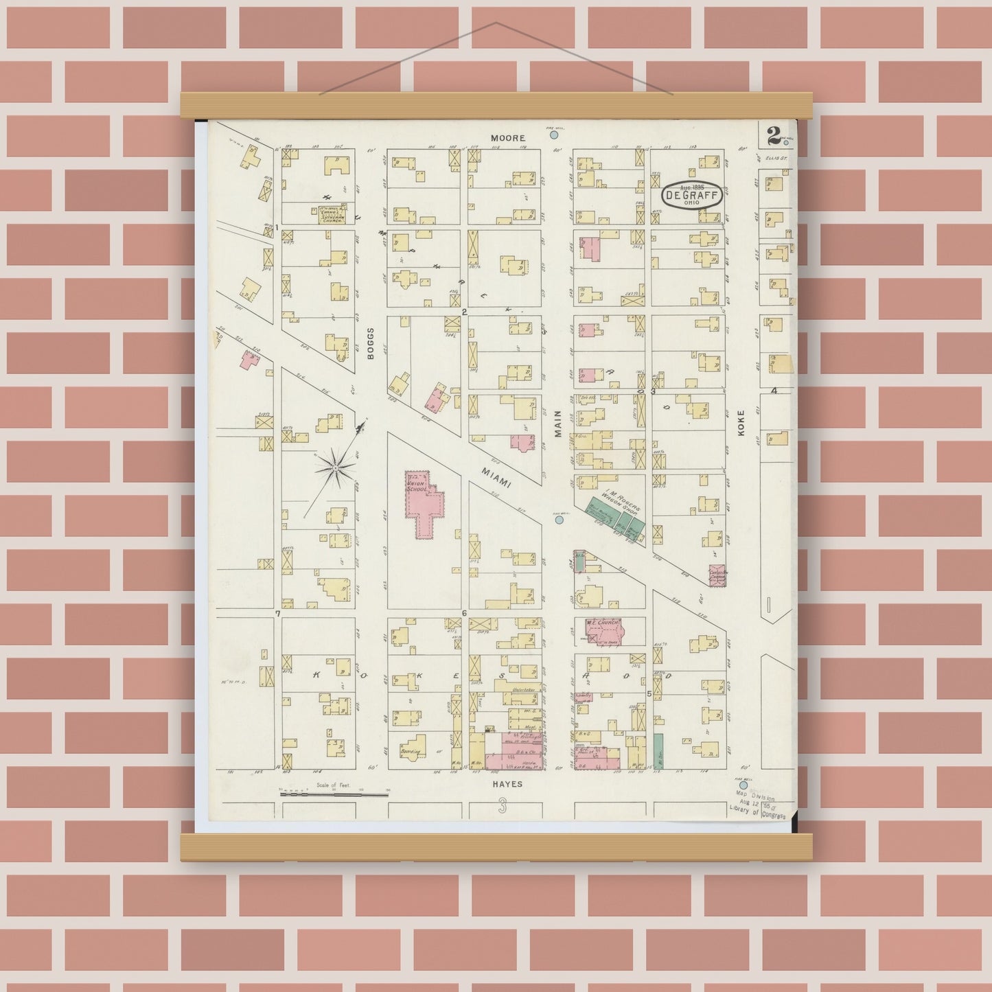 Old map wall art mockup — magnetic wood frame on brick wall — Sanborn Fire Insurance Map from Degraff, Logan County, Ohio (1895), Sheet #0002